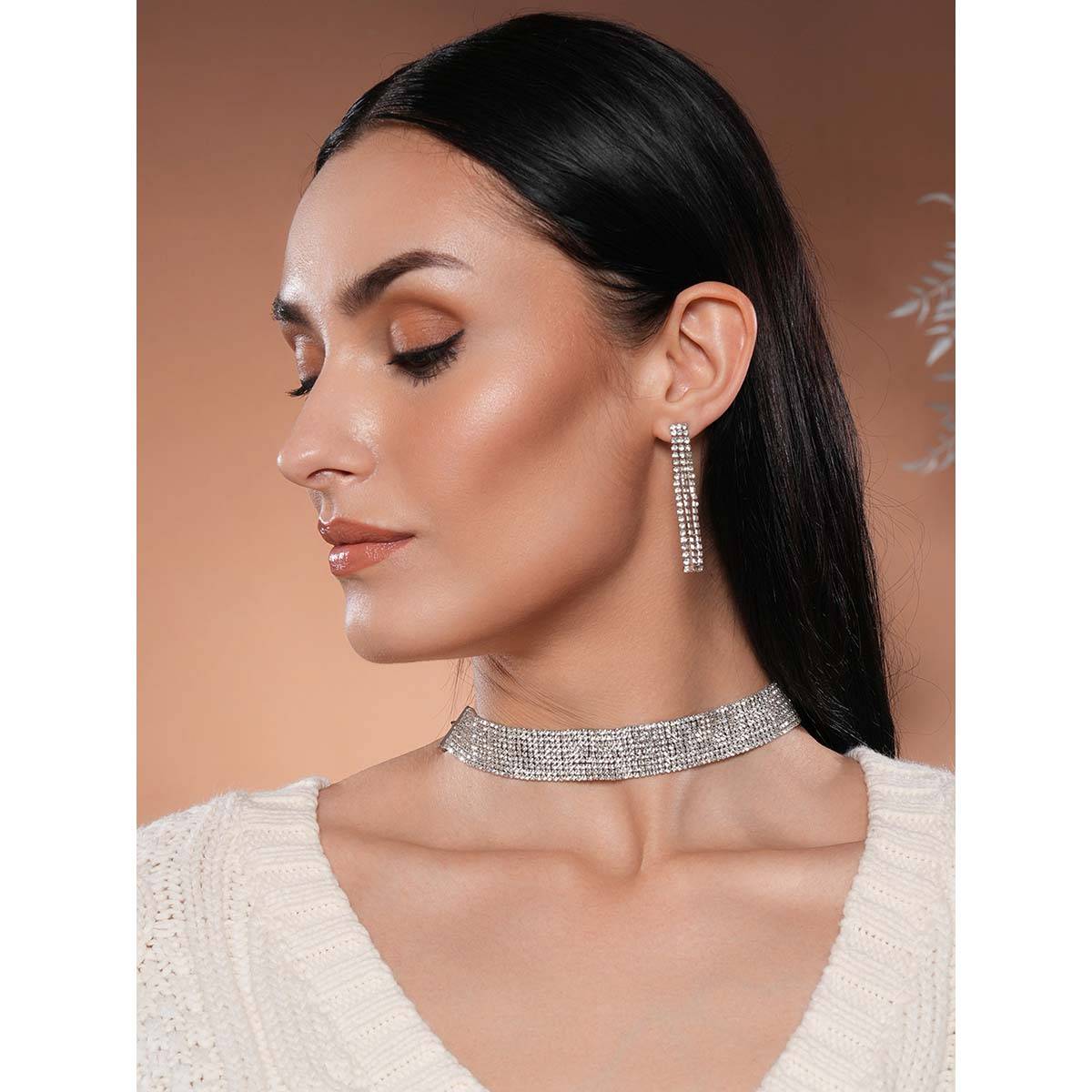 Aatmana 18K Rhodium Plated Crystal AD Zirconia Studded MultiStrand Necklace with Earrings · Adjustable