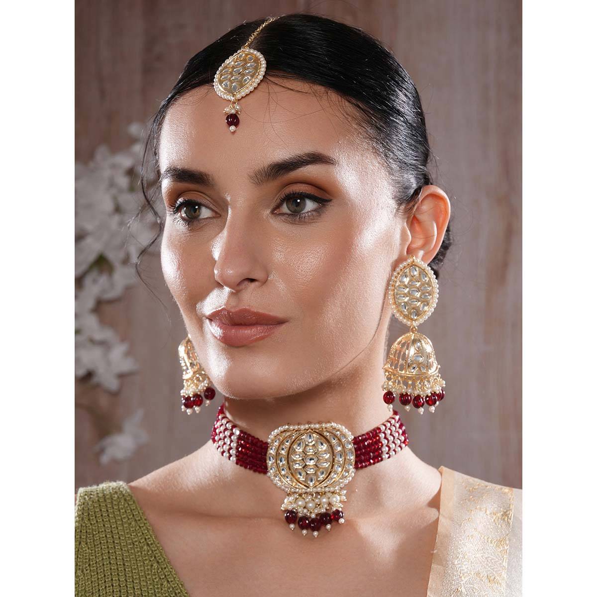 Aatmana Gold Plated Kundan Studded Beaded Maroon Necklace and Earrings with Maangtikka