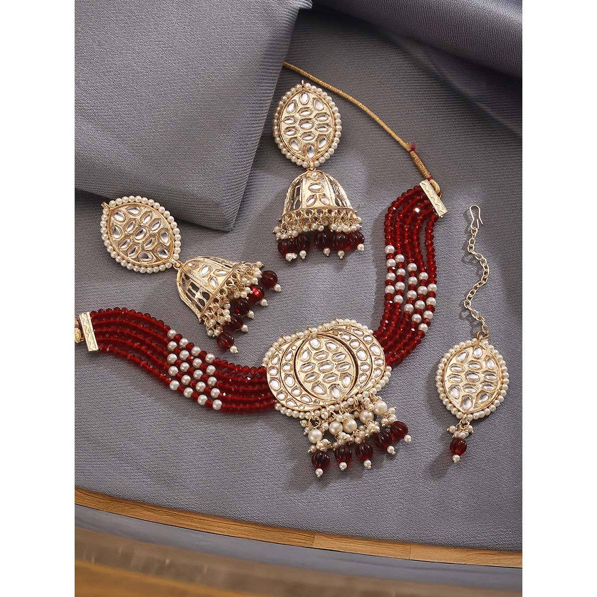 Aatmana Gold Plated Kundan Studded Beaded Maroon Necklace and Earrings with Maangtikka