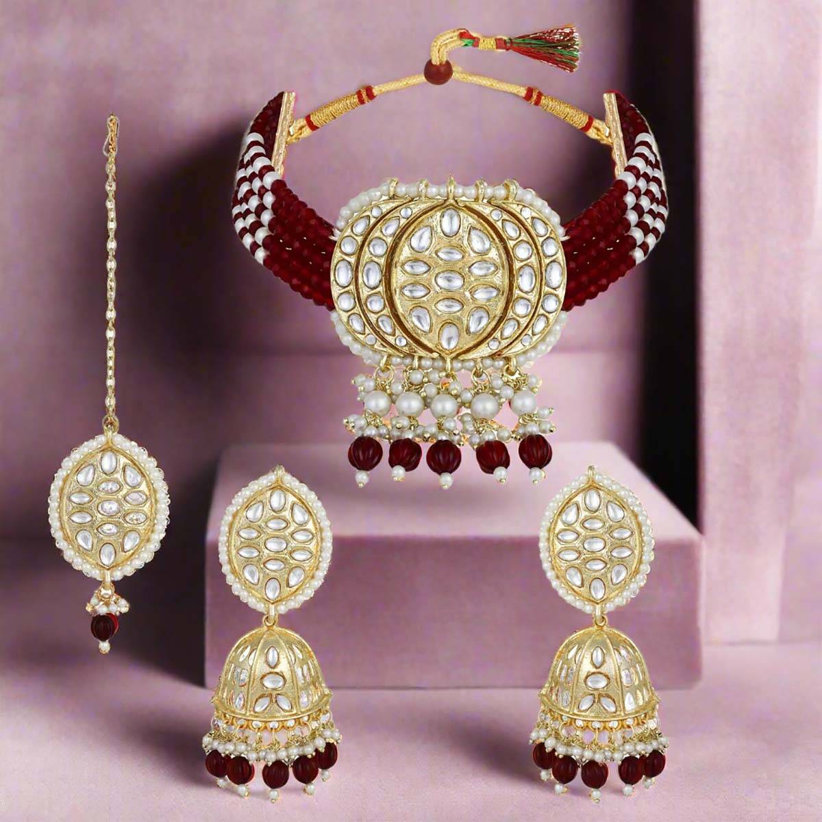 Aatmana Gold Plated Kundan Studded Beaded Maroon Necklace and Earrings with Maangtikka