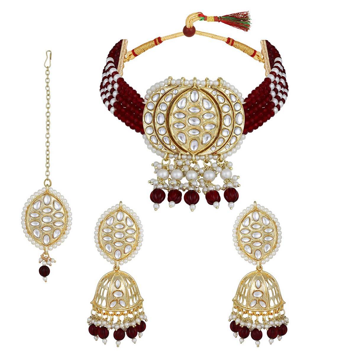 Aatmana Gold Plated Kundan Studded Beaded Maroon Necklace and Earrings with Maangtikka