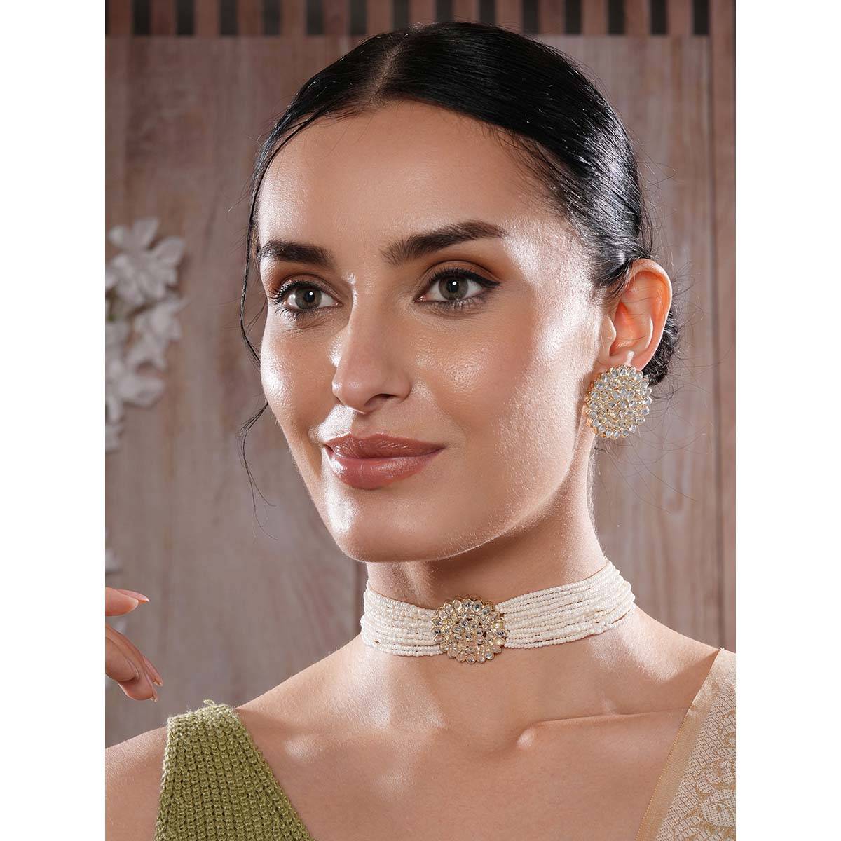 Aatmana Gold Plated Kundan Studded Beaded White Floral Necklace and Earrings