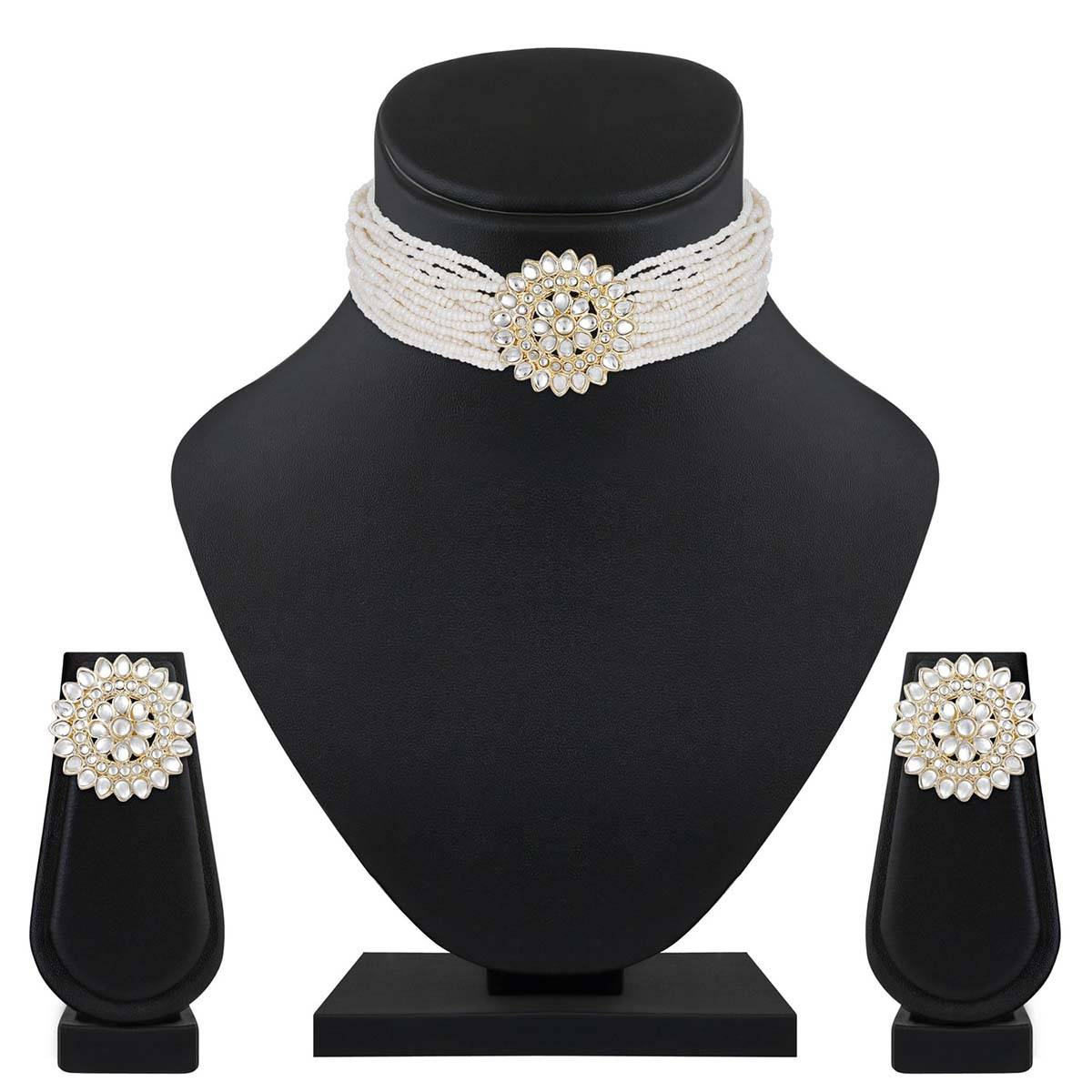 Aatmana Gold Plated Kundan Studded Beaded White Floral Necklace and Earrings