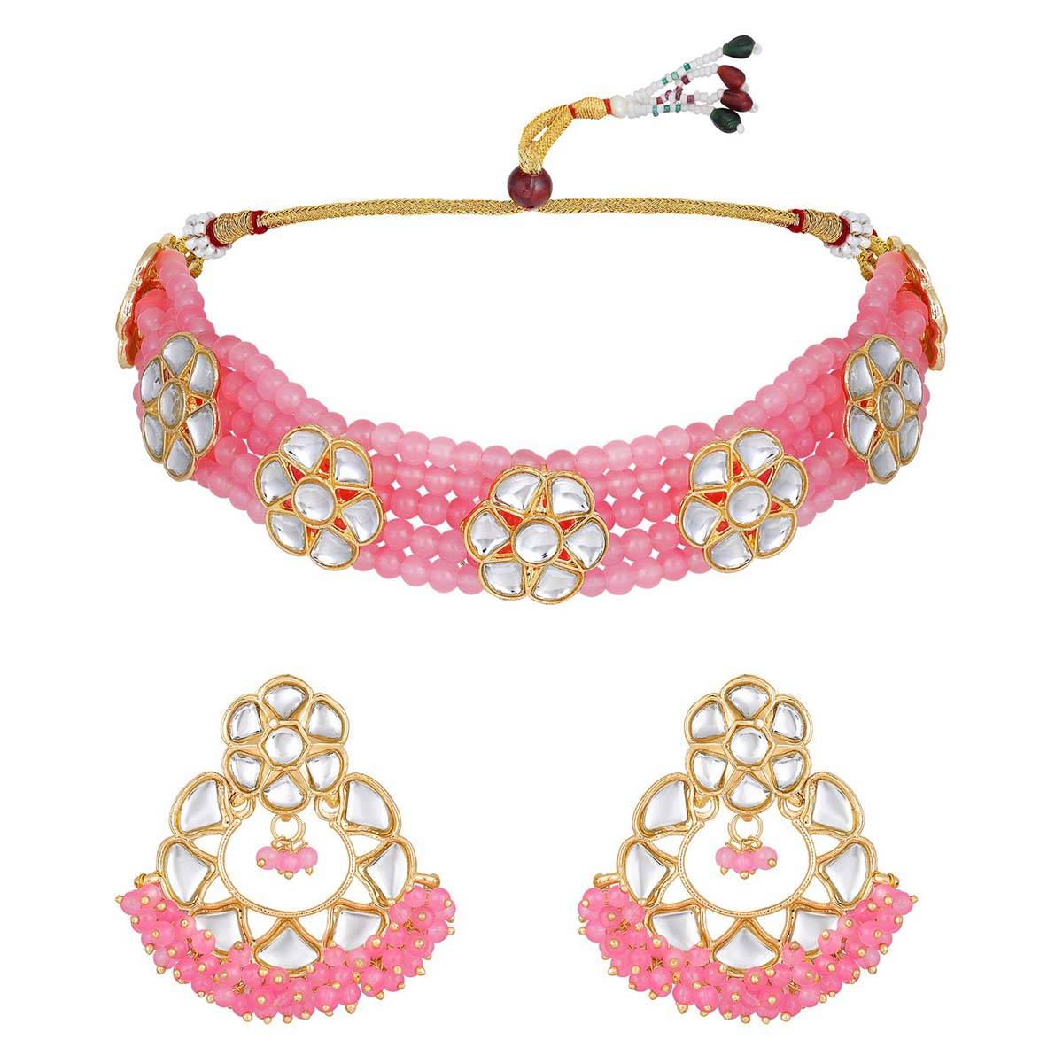 Aatmana Gold Plated Baby Pink Kundan Studded and Beaded Necklace and Earrings
