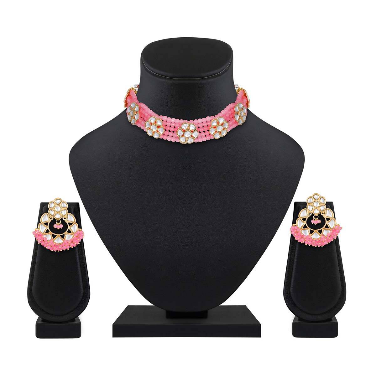 Aatmana Gold Plated Baby Pink Kundan Studded and Beaded Necklace and Earrings