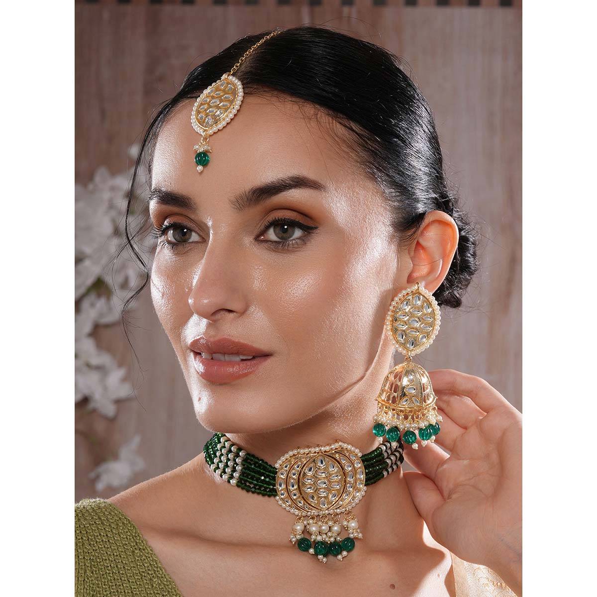 Aatmana Gold Plated Kundan Studded Beaded Necklace and Earrings, Maangtikka · Adjustable
