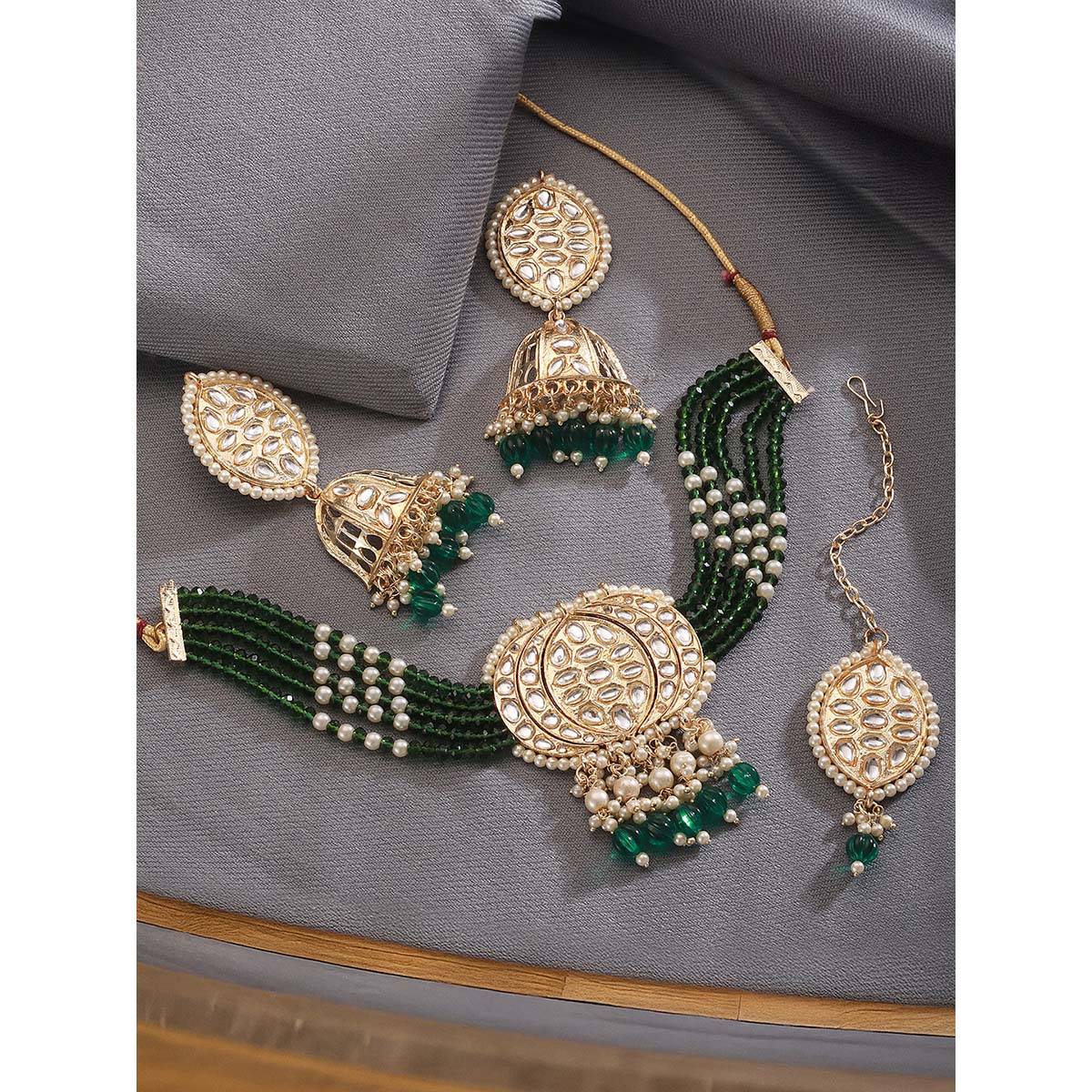 Aatmana Gold Plated Kundan Studded Beaded Necklace and Earrings, Maangtikka · Adjustable