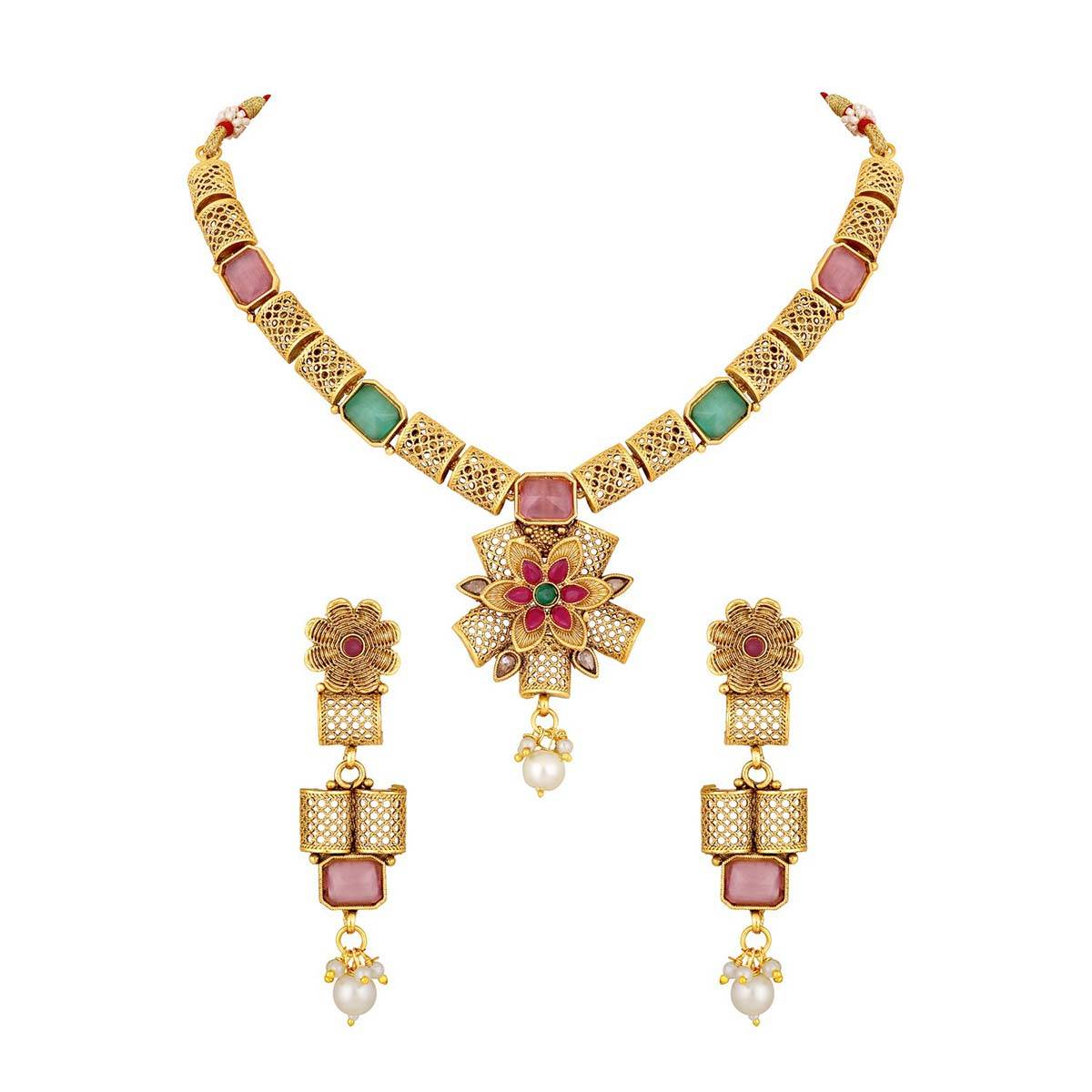 Aatmana Gold Plated Kundan Studded Floral Shaped Necklave with Earrings