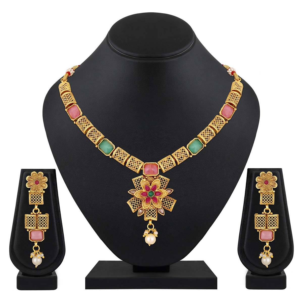 Aatmana Gold Plated Kundan Studded Floral Shaped Necklave with Earrings