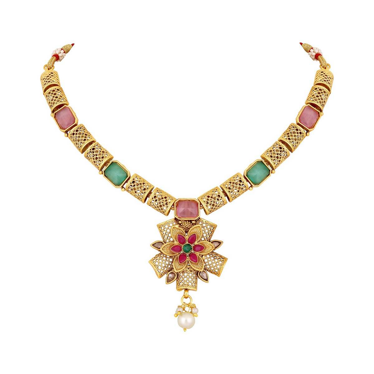 Aatmana Gold Plated Kundan Studded Floral Shaped Necklave with Earrings