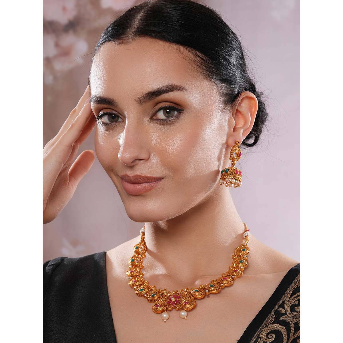 Aatmana Multi Color Stone Studded Antique Peacock Necklace with Earrings · Adjustable