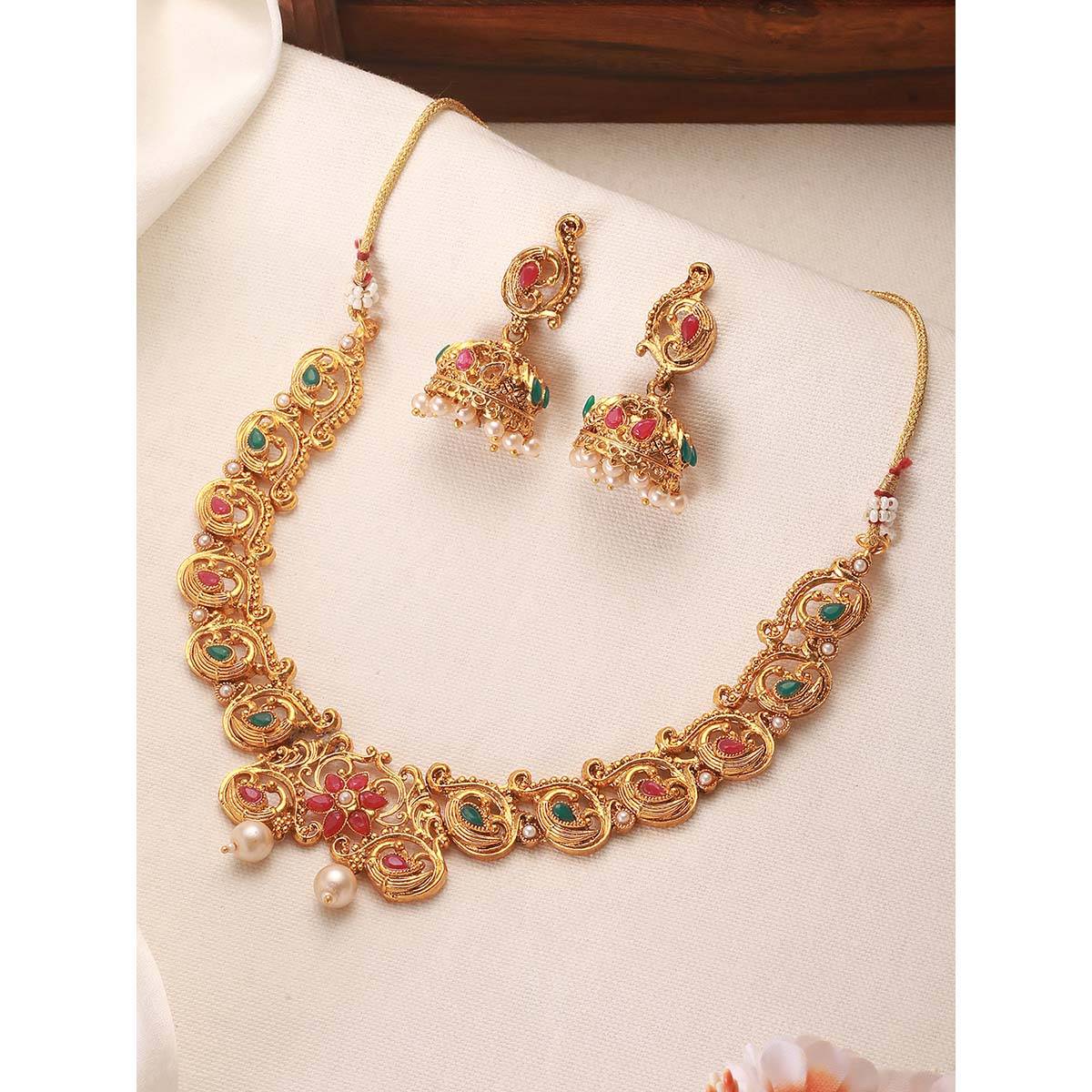 Aatmana Multi Color Stone Studded Antique Peacock Necklace with Earrings