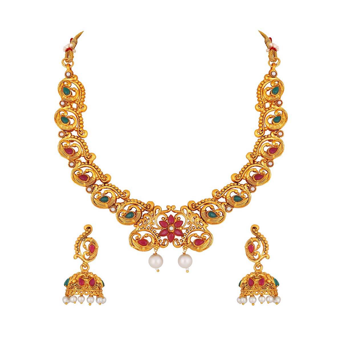 Aatmana Multi Color Stone Studded Antique Peacock Necklace with Earrings