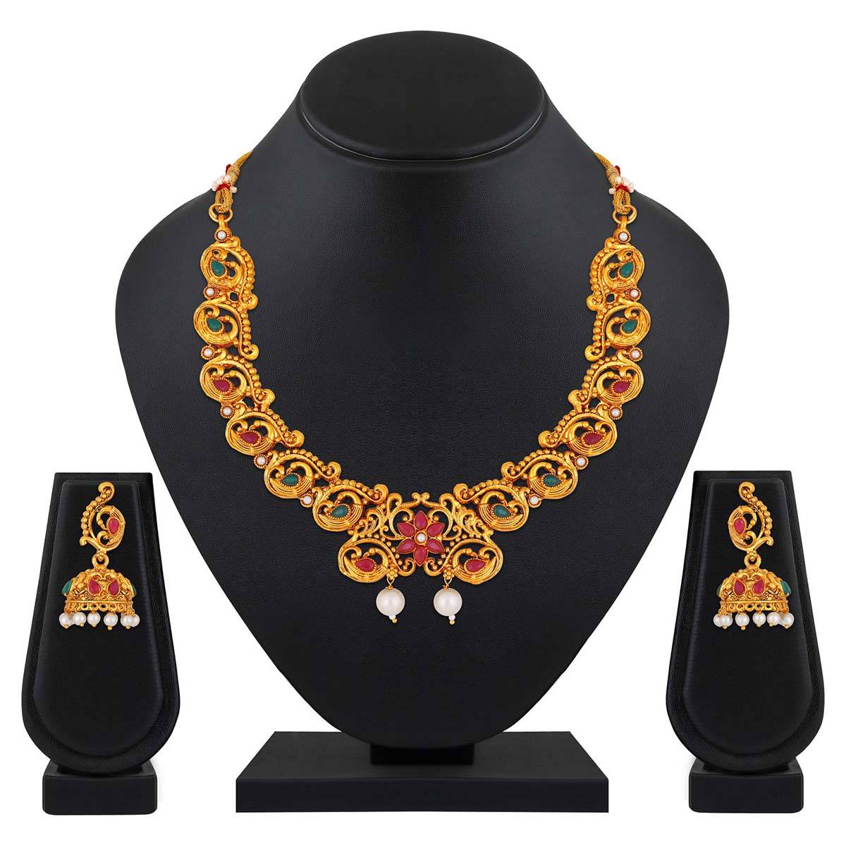 Aatmana Multi Color Stone Studded Antique Peacock Necklace with Earrings