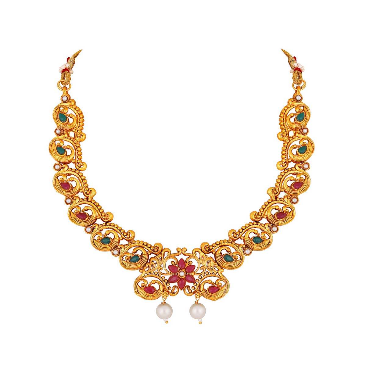 Aatmana Multi Color Stone Studded Antique Peacock Necklace with Earrings