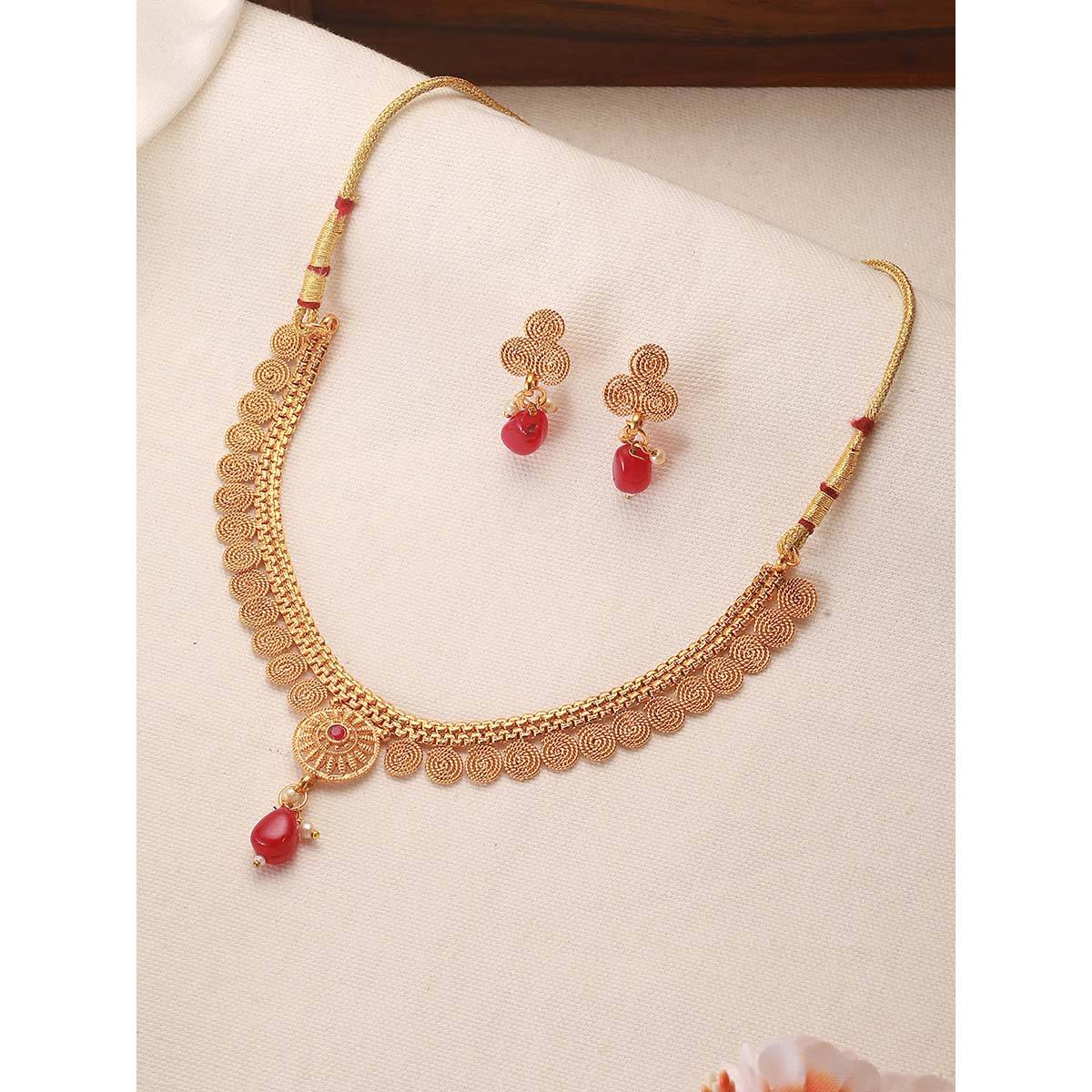 Aatmana Gold Plated Red Stone Studded Spiral Necklace with Earrings