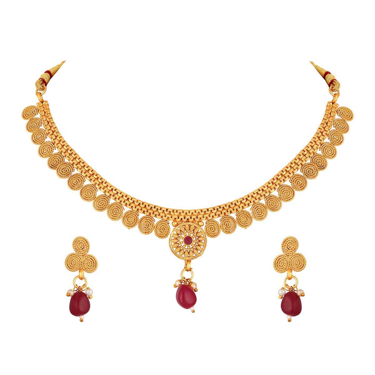 Aatmana Gold Plated Red Stone Studded Spiral Necklace with Earrings