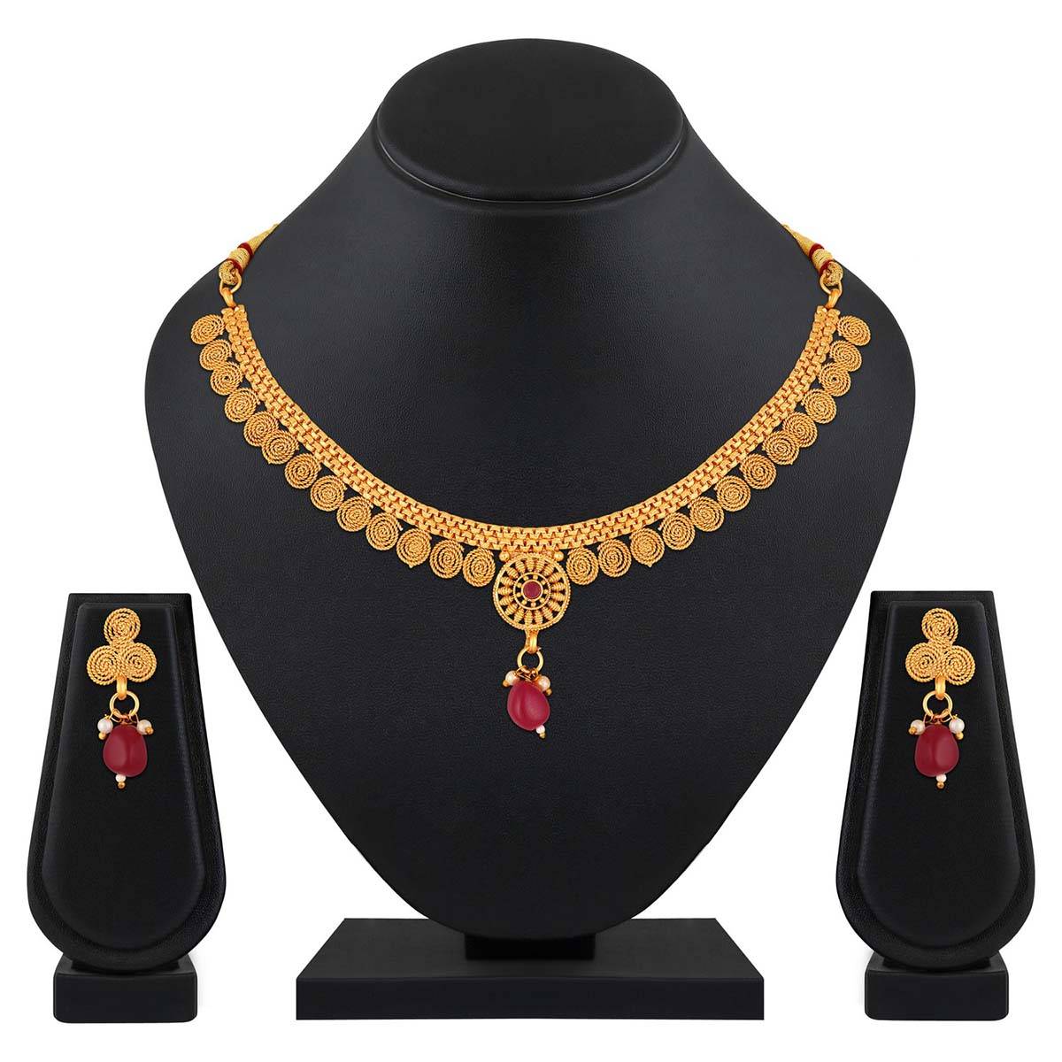 Aatmana Gold Plated Red Stone Studded Spiral Necklace with Earrings