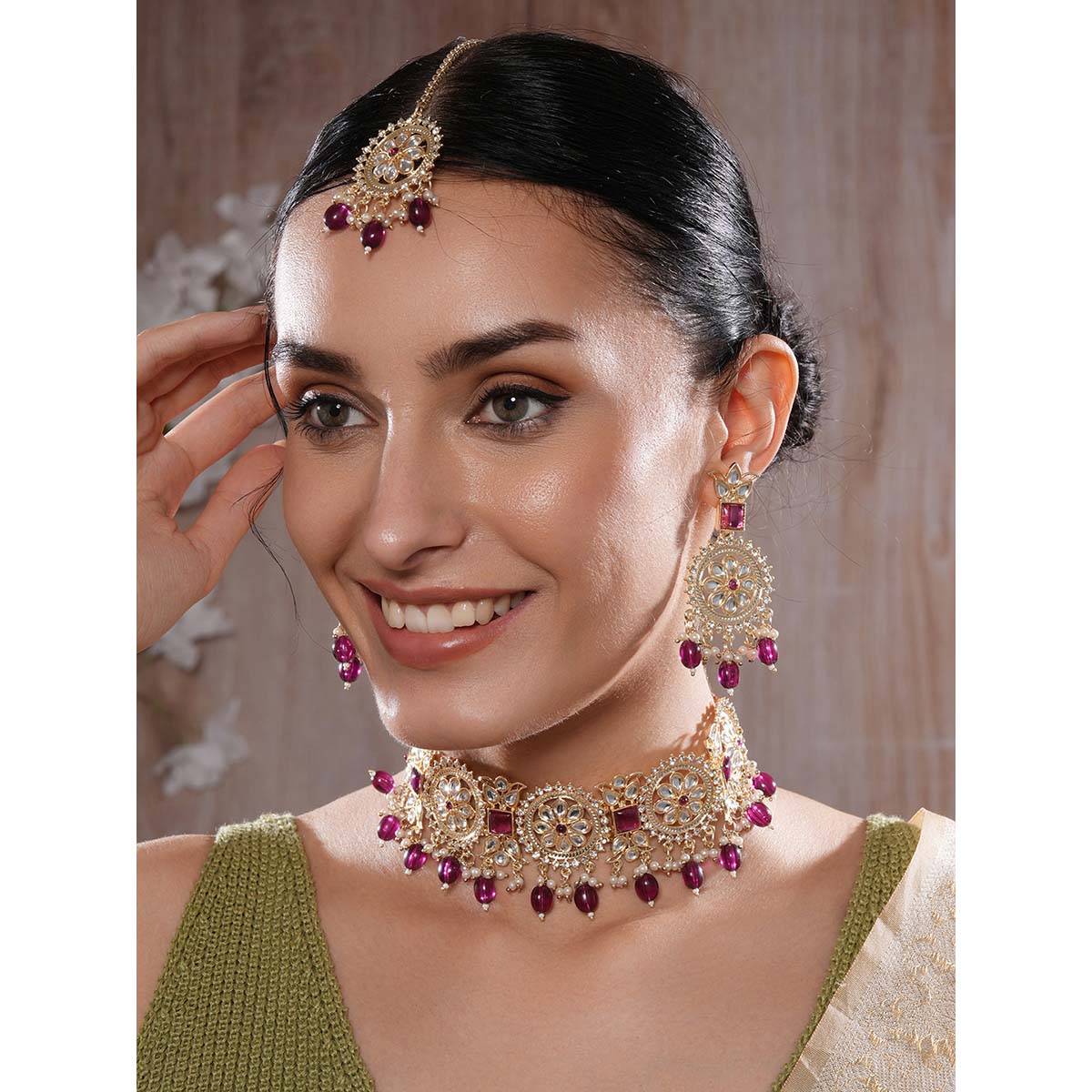 Aatmana 18 k Gold Plated Kundan Zirconia Studded Pearl Necklace with Earrings & Maangtikka