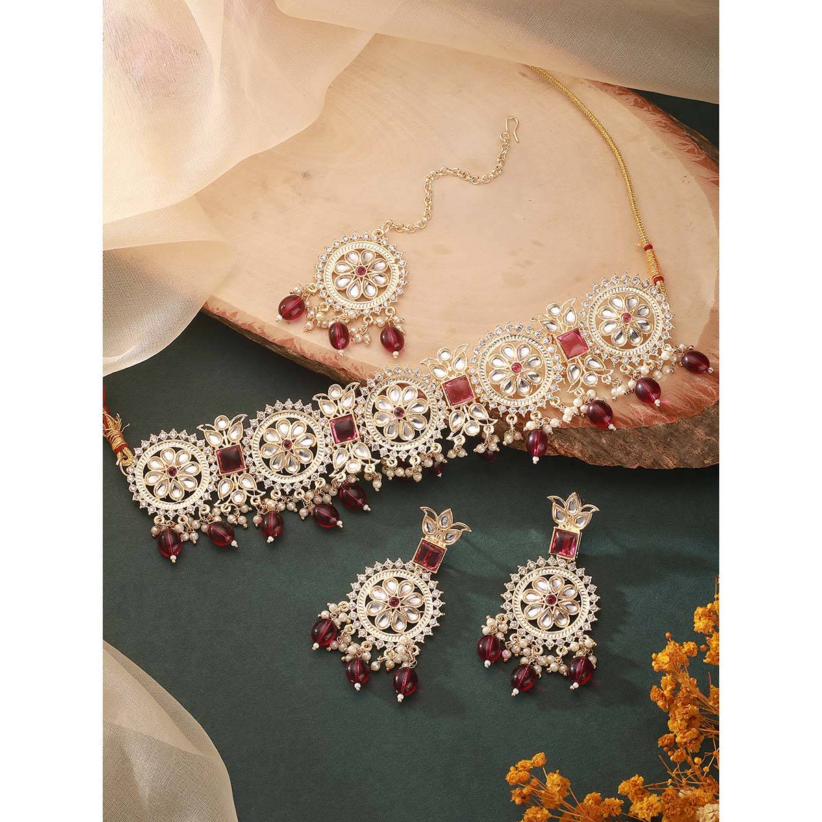 Aatmana 18 k Gold Plated Kundan Zirconia Studded Pearl Necklace with Earrings & Maangtikka
