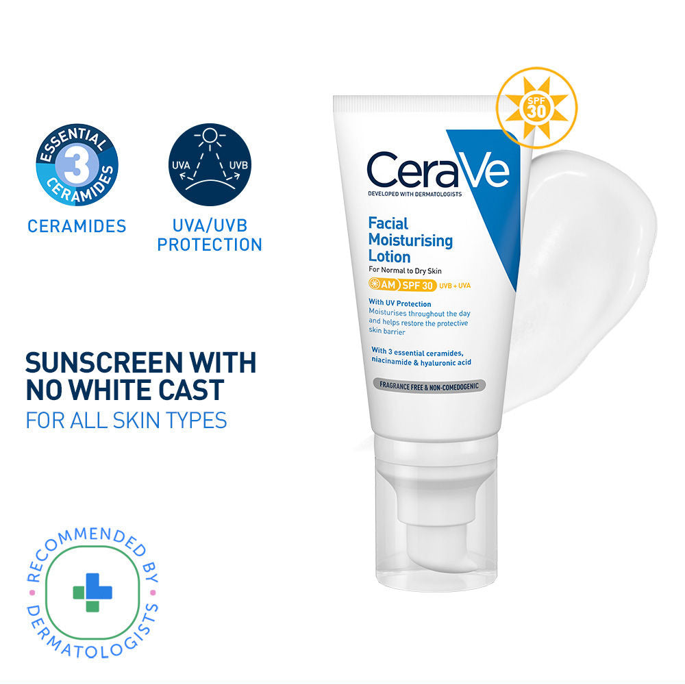 CeraVe AM Facial Moisturizer With Sunscreen SPF 30 UVB + UVA, Dermatologist Recommended Day Cream (50 g)