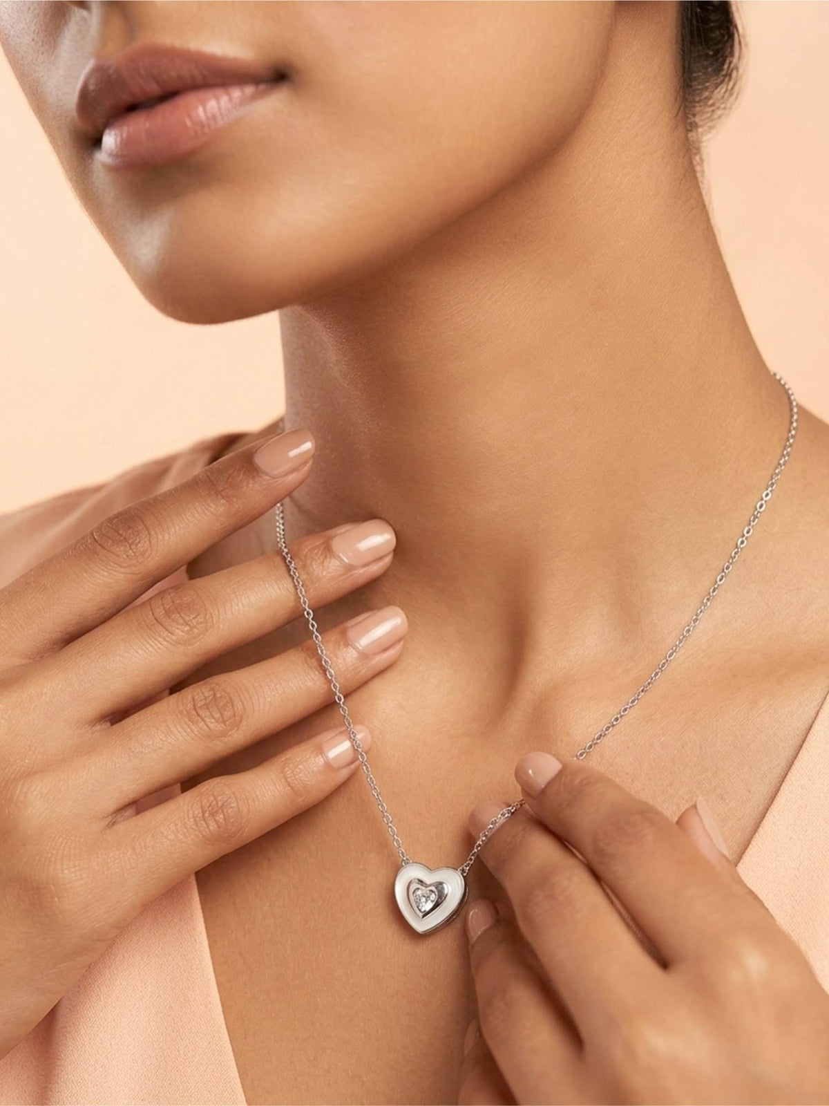 925 SILLER 925 Pure Silver White Double Heart Radiance Necklace