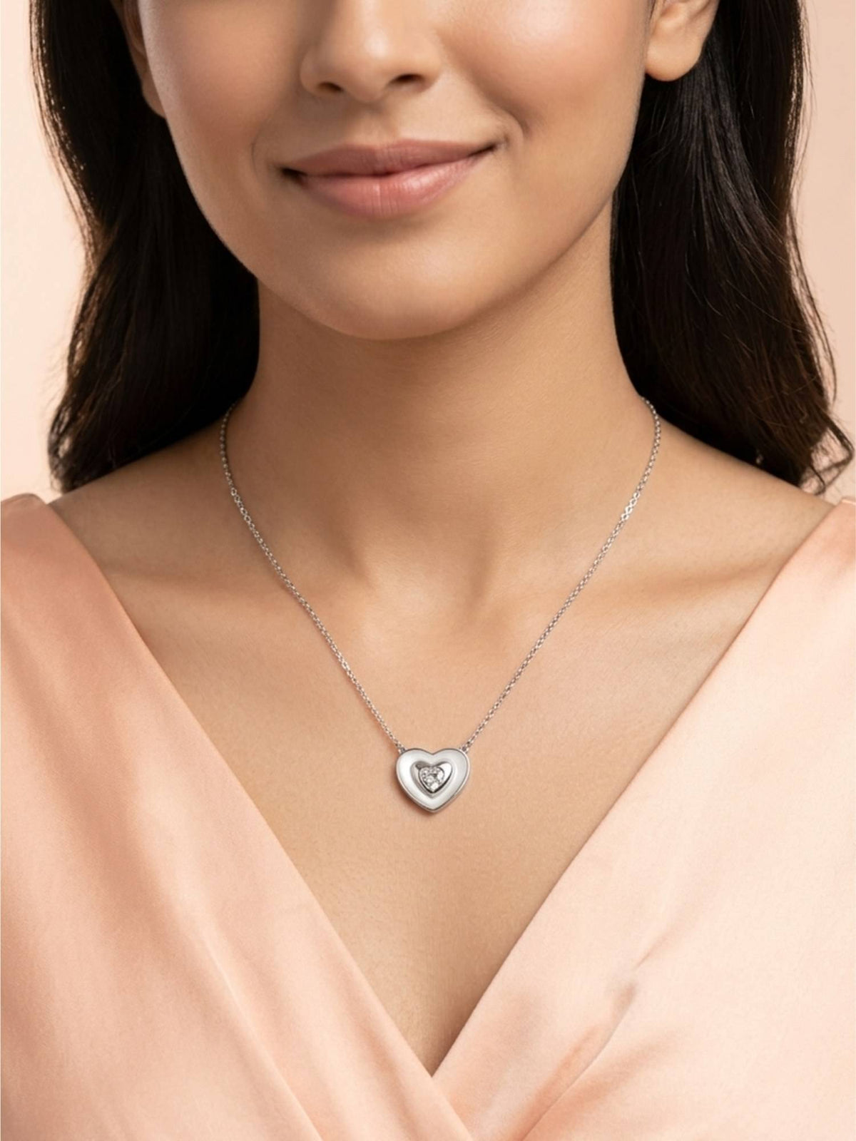 925 SILLER 925 Pure Silver White Double Heart Radiance Necklace