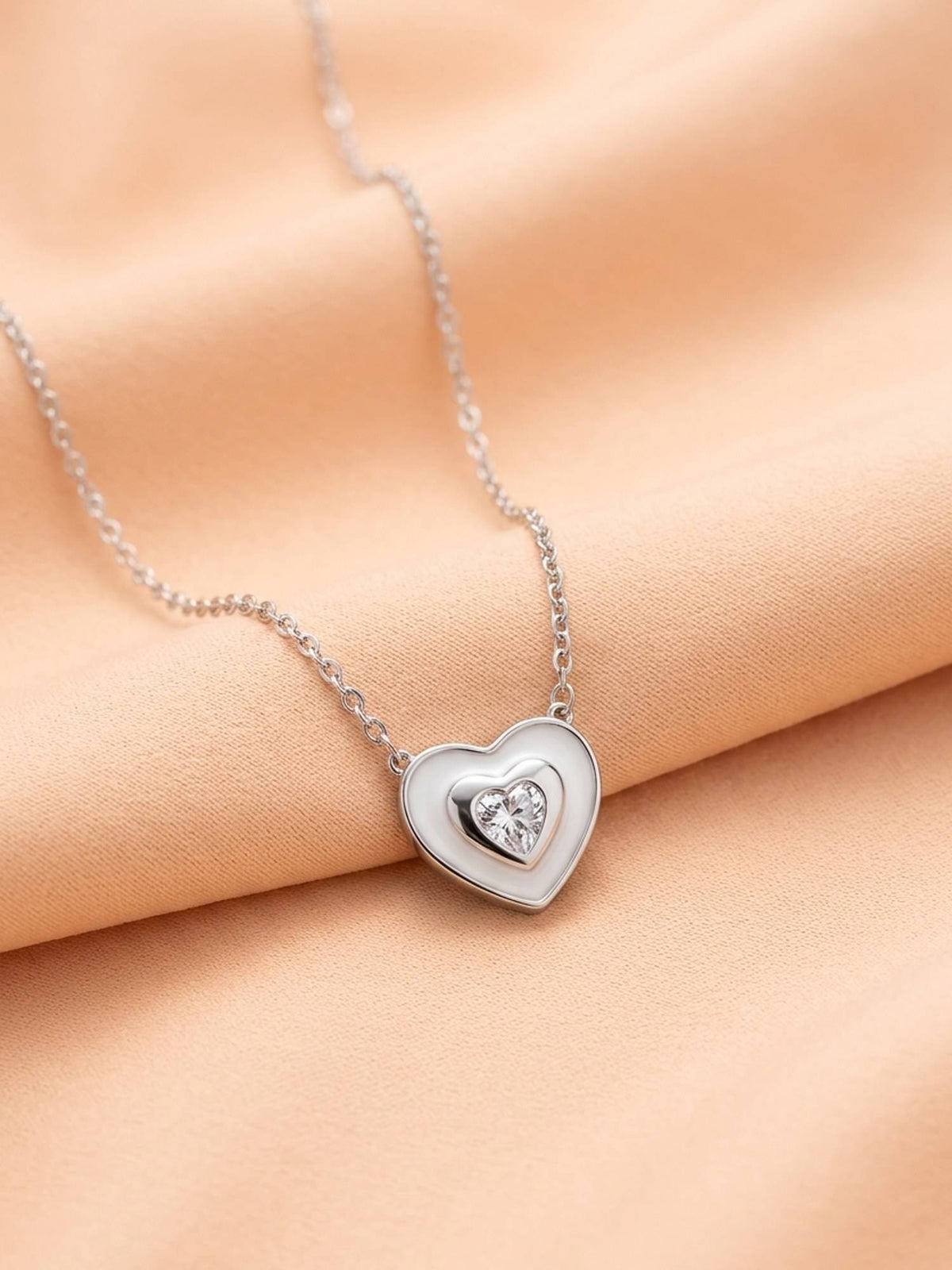 925 SILLER 925 Pure Silver White Double Heart Radiance Necklace