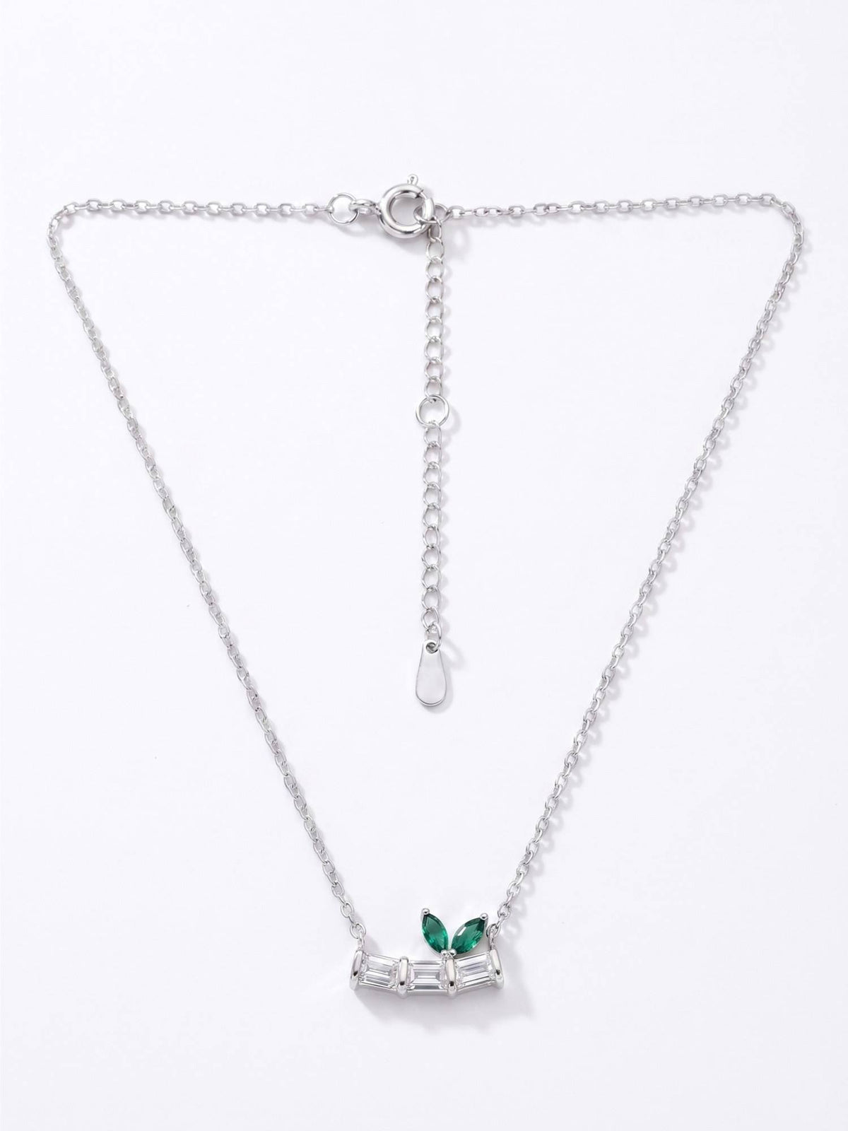 925 SILLER 925 Pure Silver Green Emerald Leaf Baguette Necklace