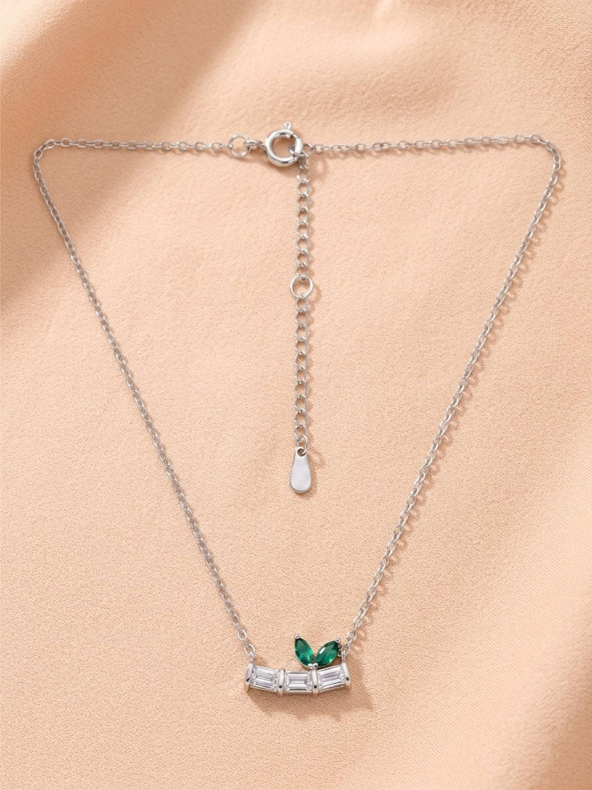 925 SILLER 925 Pure Silver Green Emerald Leaf Baguette Necklace
