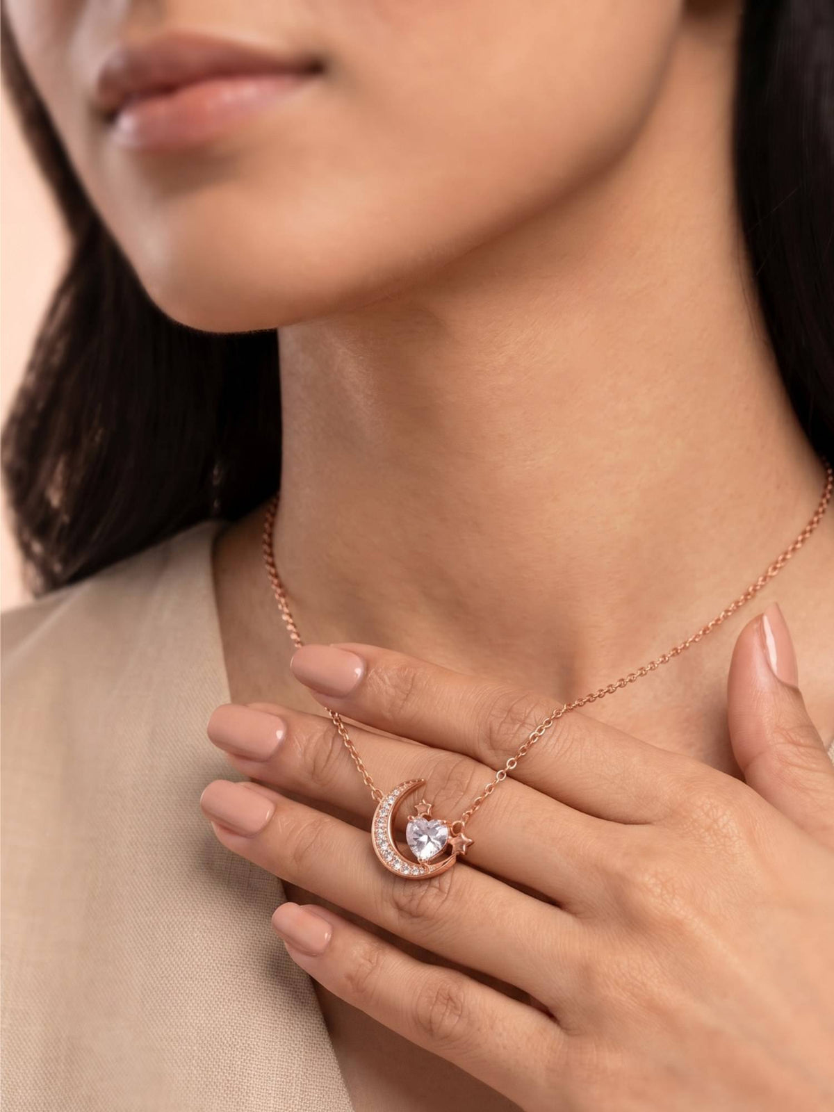 925 SILLER 925 Pure Silver White Celestial Heart Moon Necklace