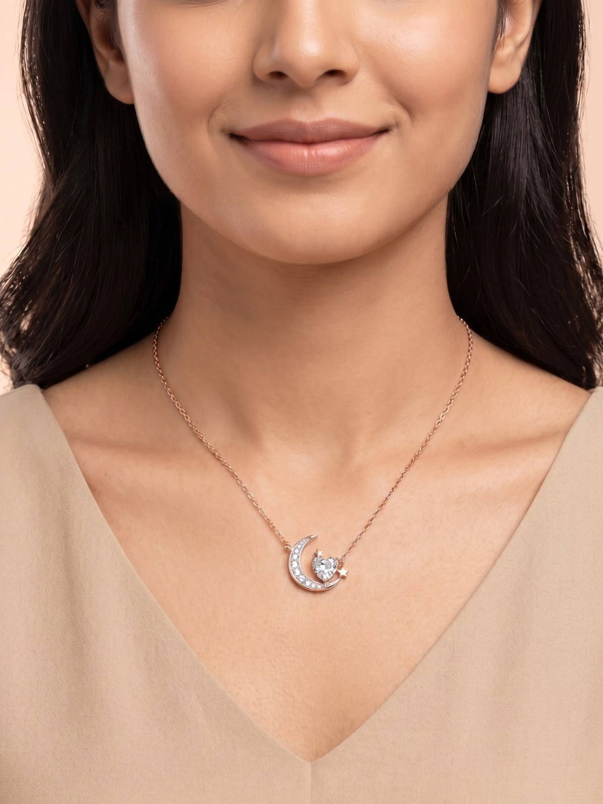 925 SILLER 925 Pure Silver White Celestial Heart Moon Necklace