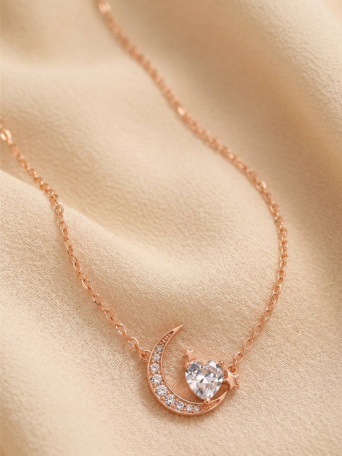 925 SILLER 925 Pure Silver White Celestial Heart Moon Necklace