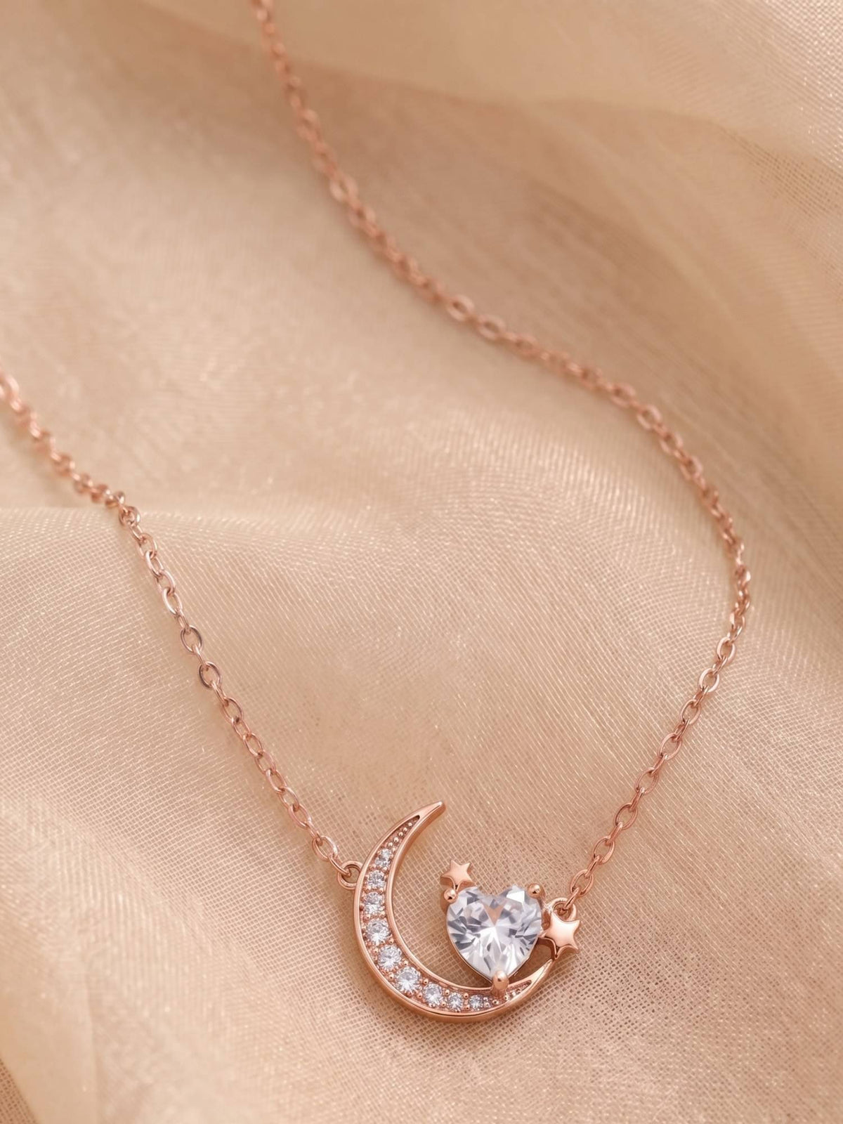 925 SILLER 925 Pure Silver White Celestial Heart Moon Necklace