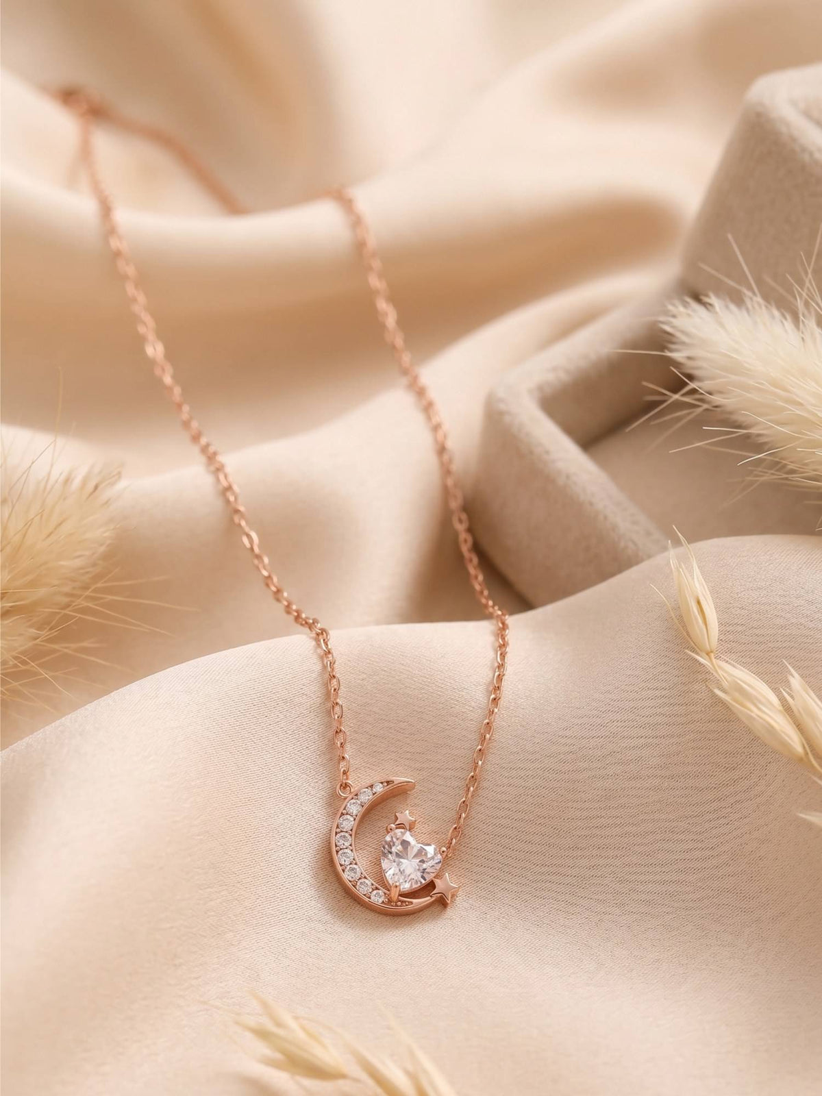 925 SILLER 925 Pure Silver White Celestial Heart Moon Necklace