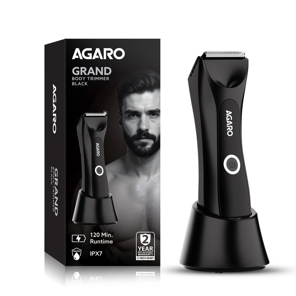 AGARO Grand Body Trimmer, For Beard, Body Shaving, 6 Length Settings, Self Sharpening Ceramic Blades, Waterproof (IPX7), Cordless, LED Torch, Dock Charging