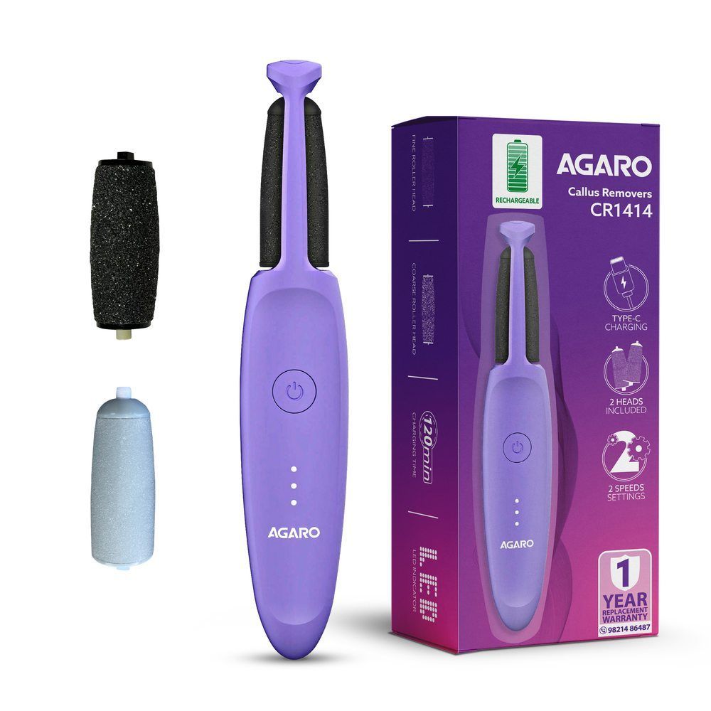 AGARO CR1414 Electric Callus Remover with 2 Replaceable Heads – Rechargeable Foot Scrubber for Dead Skin & Cracked Heels | Pedicure Machine with 120 Minutes Run