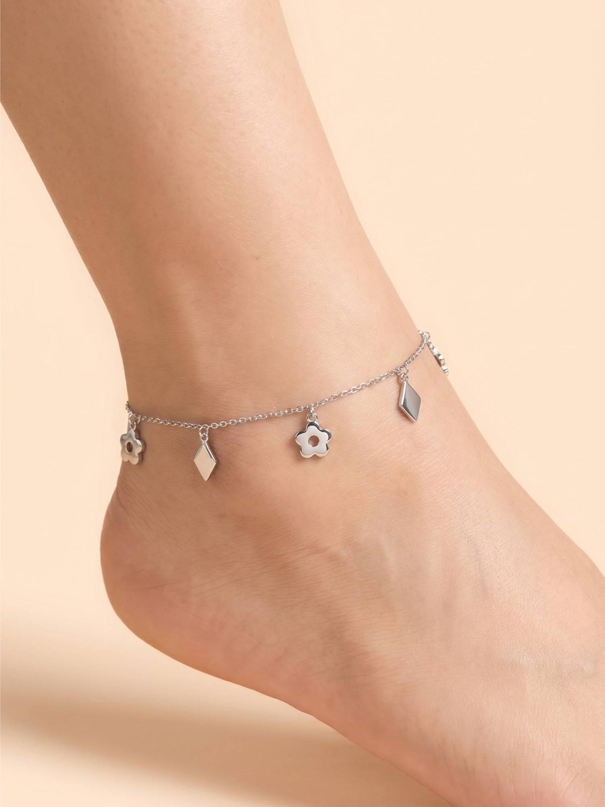 925 SILLER Pure Silver The Silver Flora and Geometric Charm Anklet