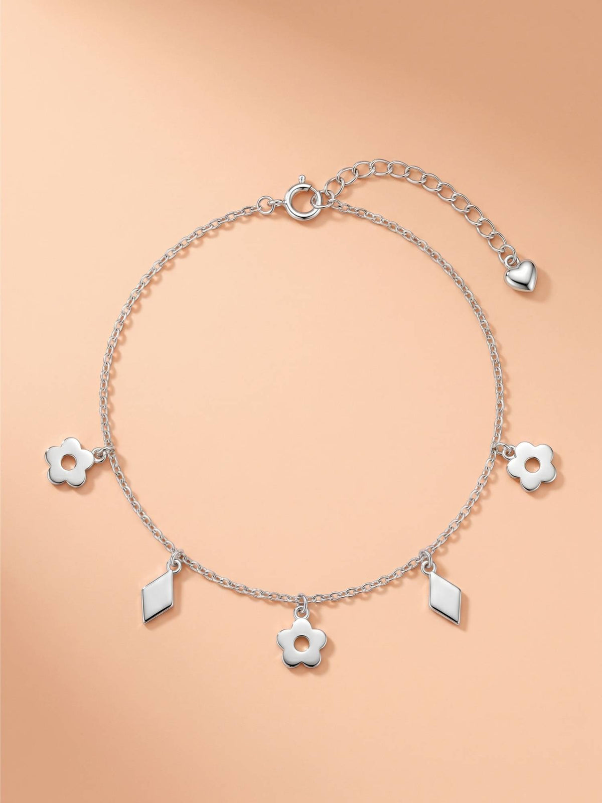 925 SILLER Pure Silver The Silver Flora and Geometric Charm Anklet