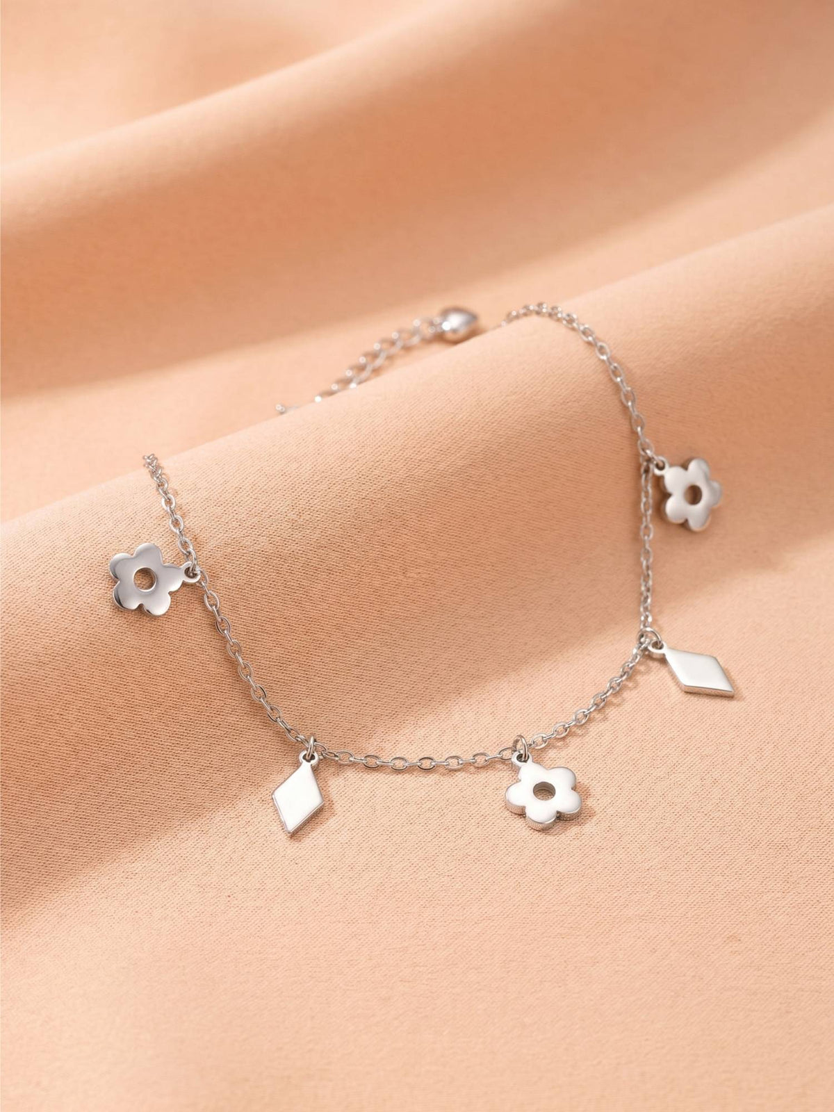 925 SILLER Pure Silver The Silver Flora and Geometric Charm Anklet