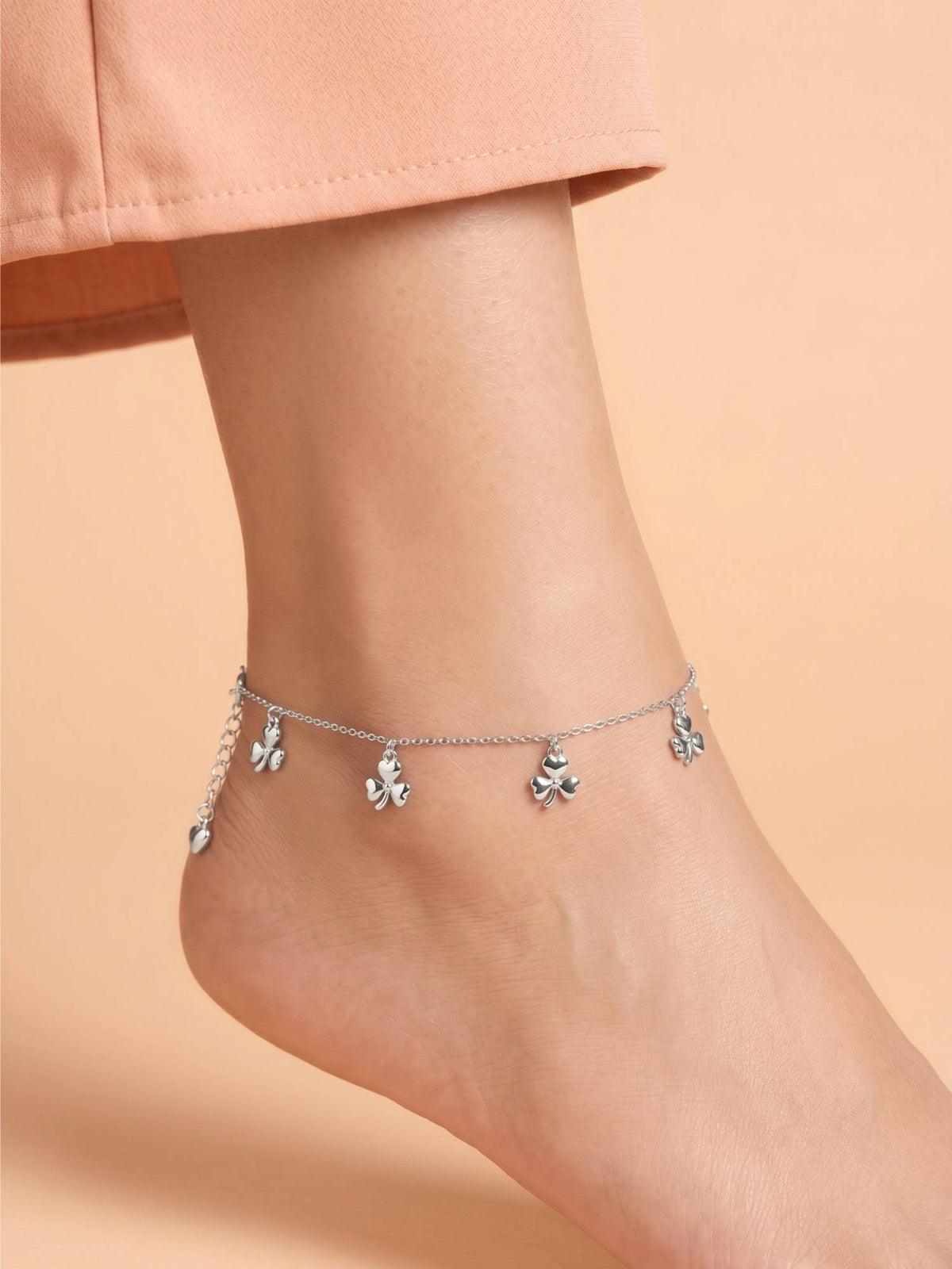 925 SILLER Pure Silver Four-Leaf Clover Charm Silver Chain Anklet