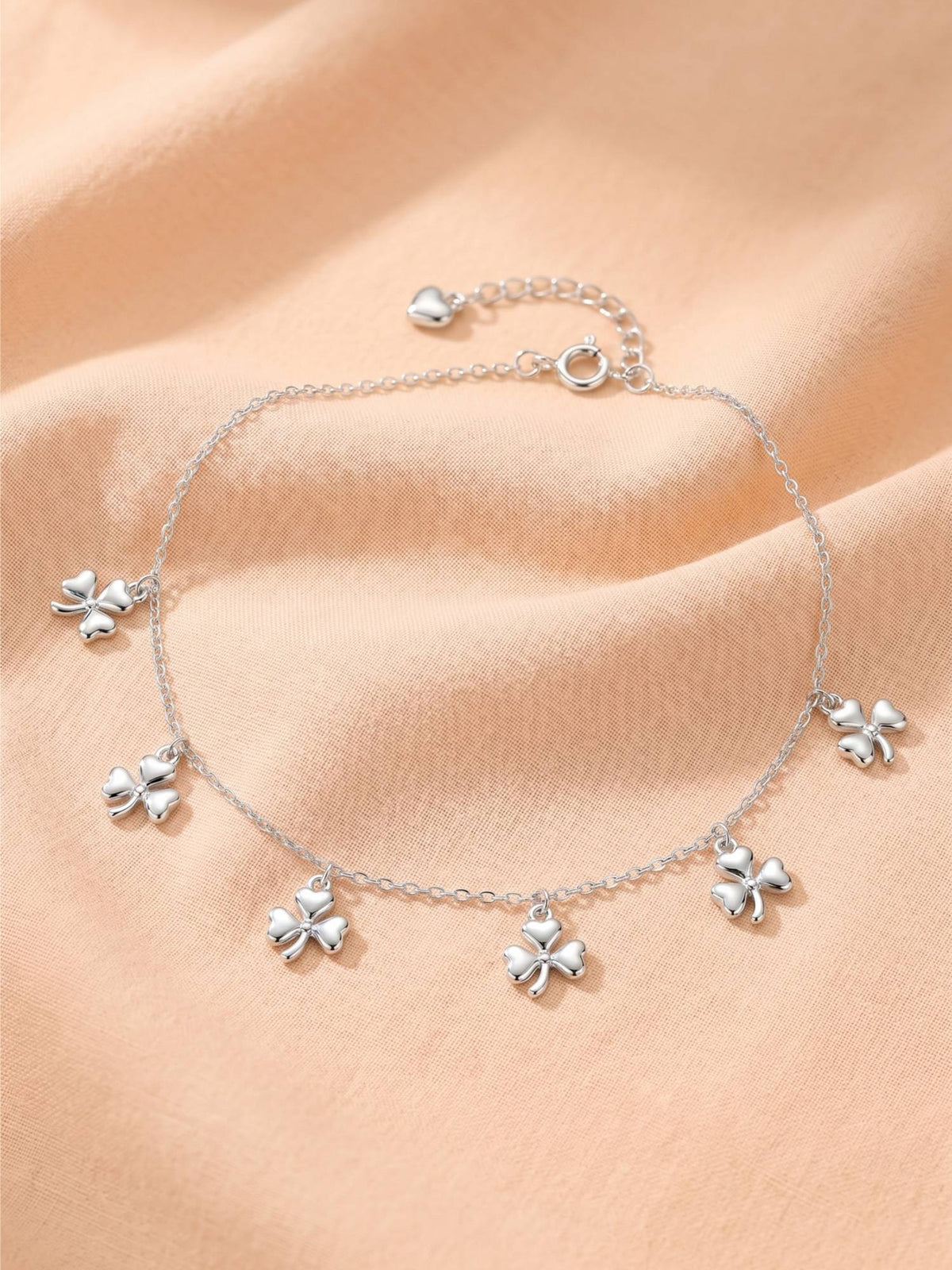 925 SILLER Pure Silver Four-Leaf Clover Charm Silver Chain Anklet