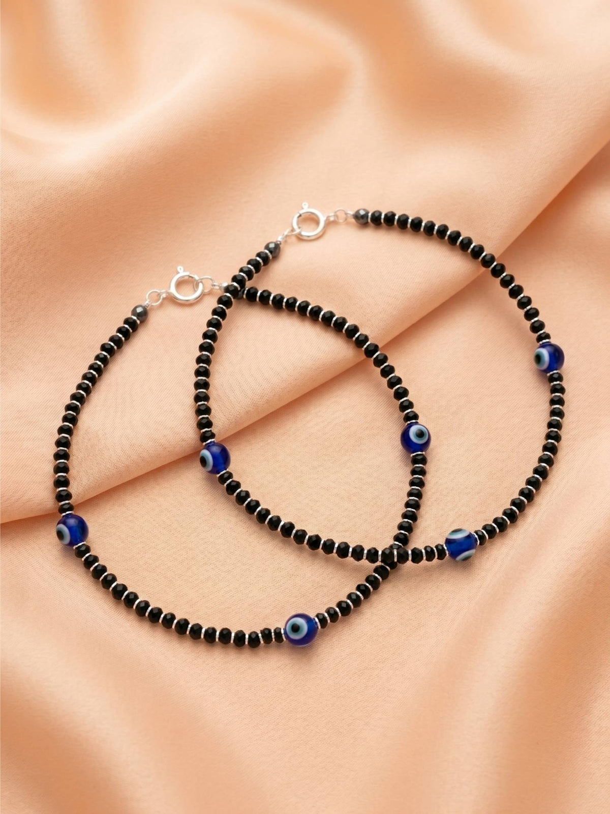 925 SILLER Pure Silver Blue Evil Eye Black Crystal Beaded Anklet Pair