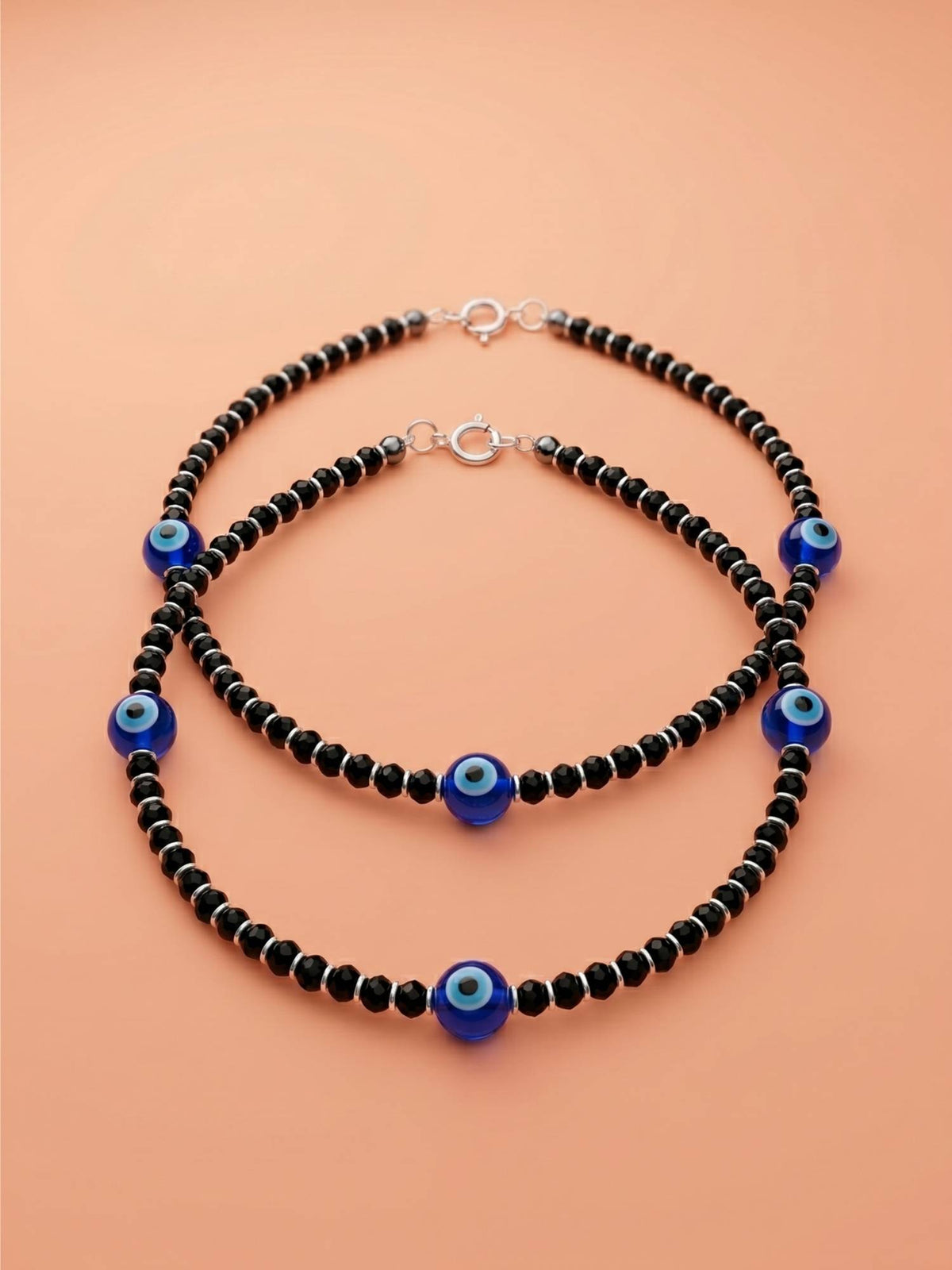 925 SILLER Pure Silver Blue Evil Eye Black Crystal Beaded Anklet Pair