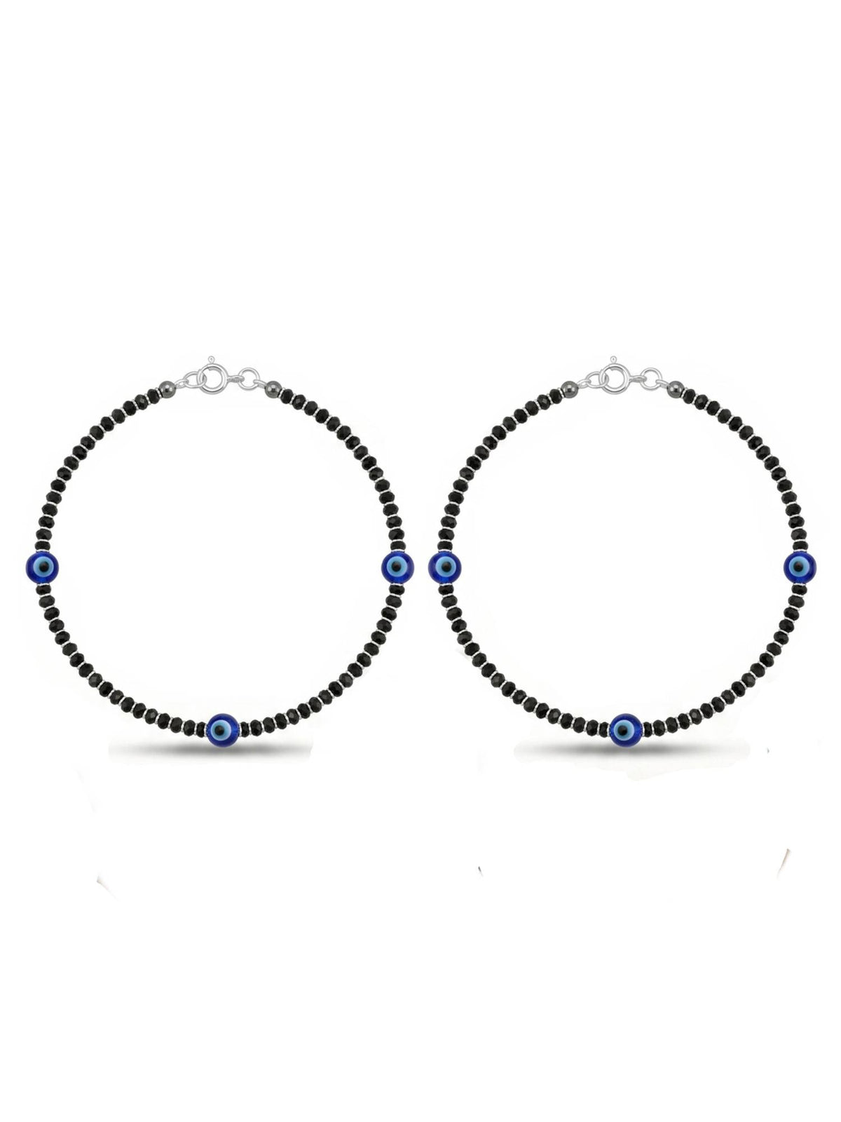 925 SILLER Pure Silver Blue Evil Eye Black Crystal Beaded Anklet Pair