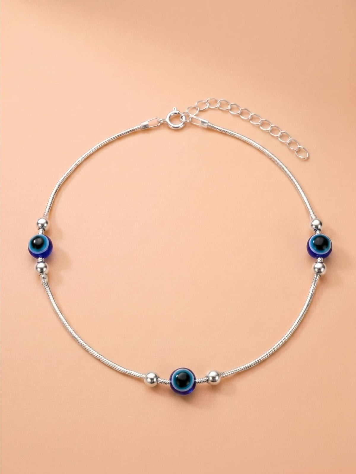 925 SILLER Pure Silver Blue Evil Eye Station Silver Snake Chain Anklet