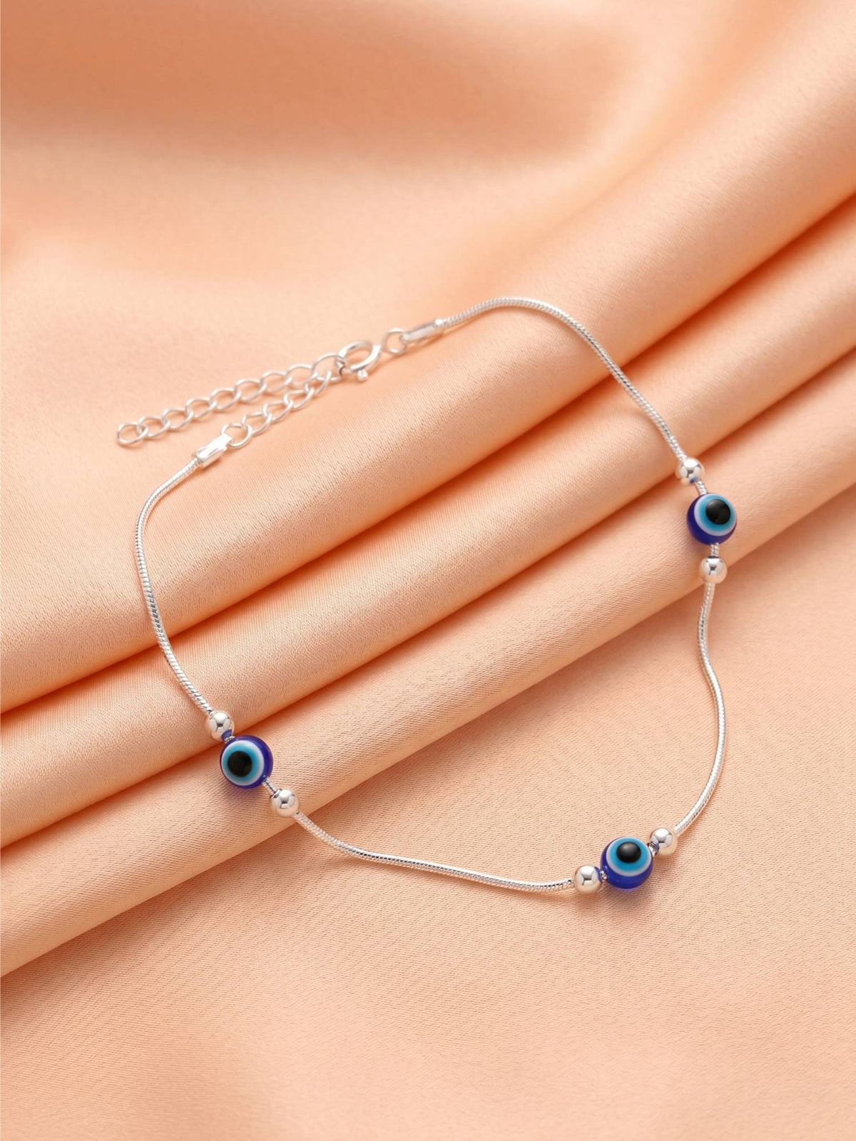 925 SILLER Pure Silver Blue Evil Eye Station Silver Snake Chain Anklet