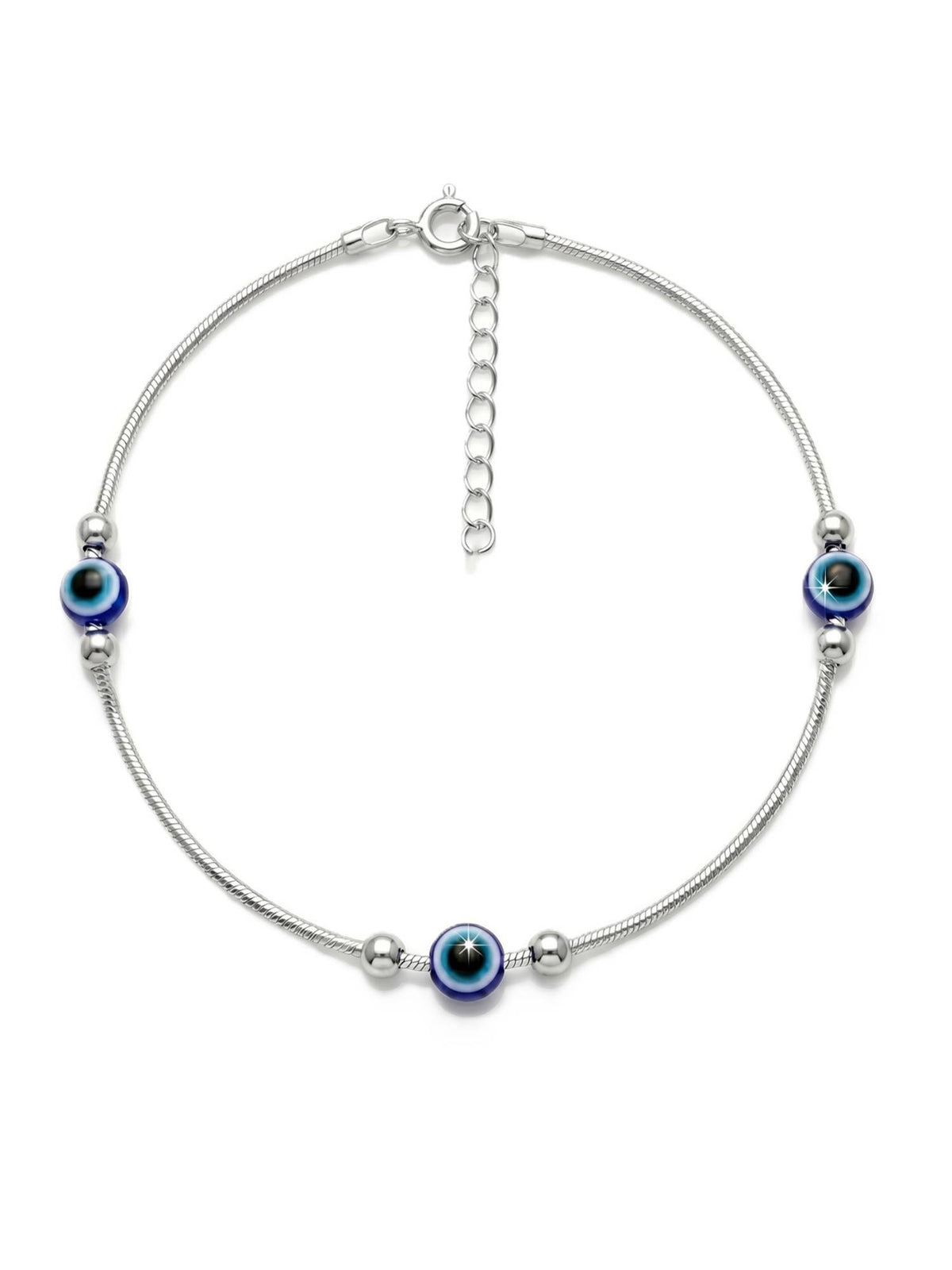 925 SILLER Pure Silver Blue Evil Eye Station Silver Snake Chain Anklet