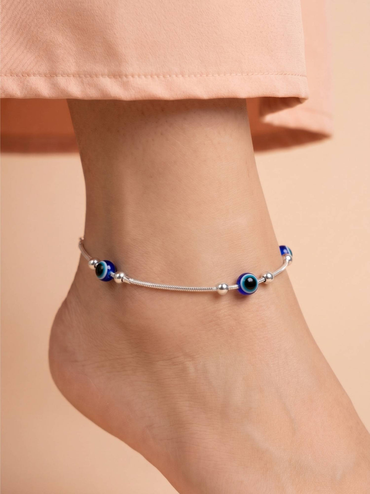 925 SILLER Pure Silver Blue Evil Eye Station Silver Snake Chain Anklet