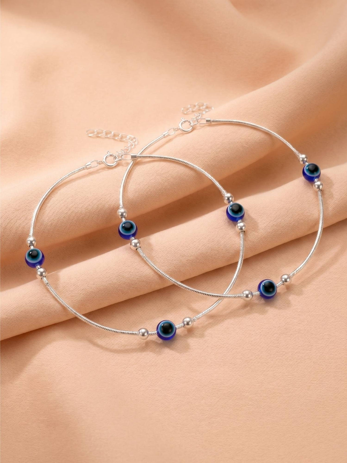 925 SILLER Pure Silver Blue Evil Eye Station Silver Snake Chain Anklet